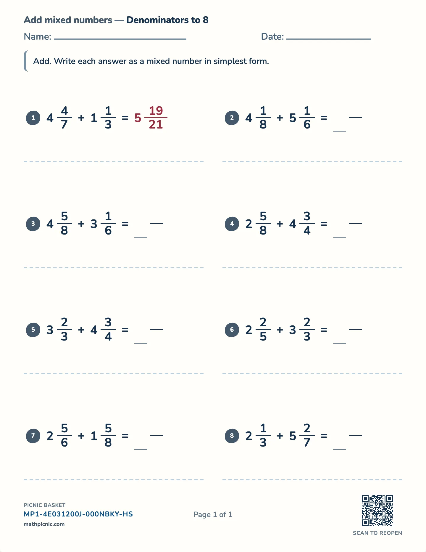 Adding mixed numbers worksheet — Wholes to 5, common denominators to 24, free printable with answer key