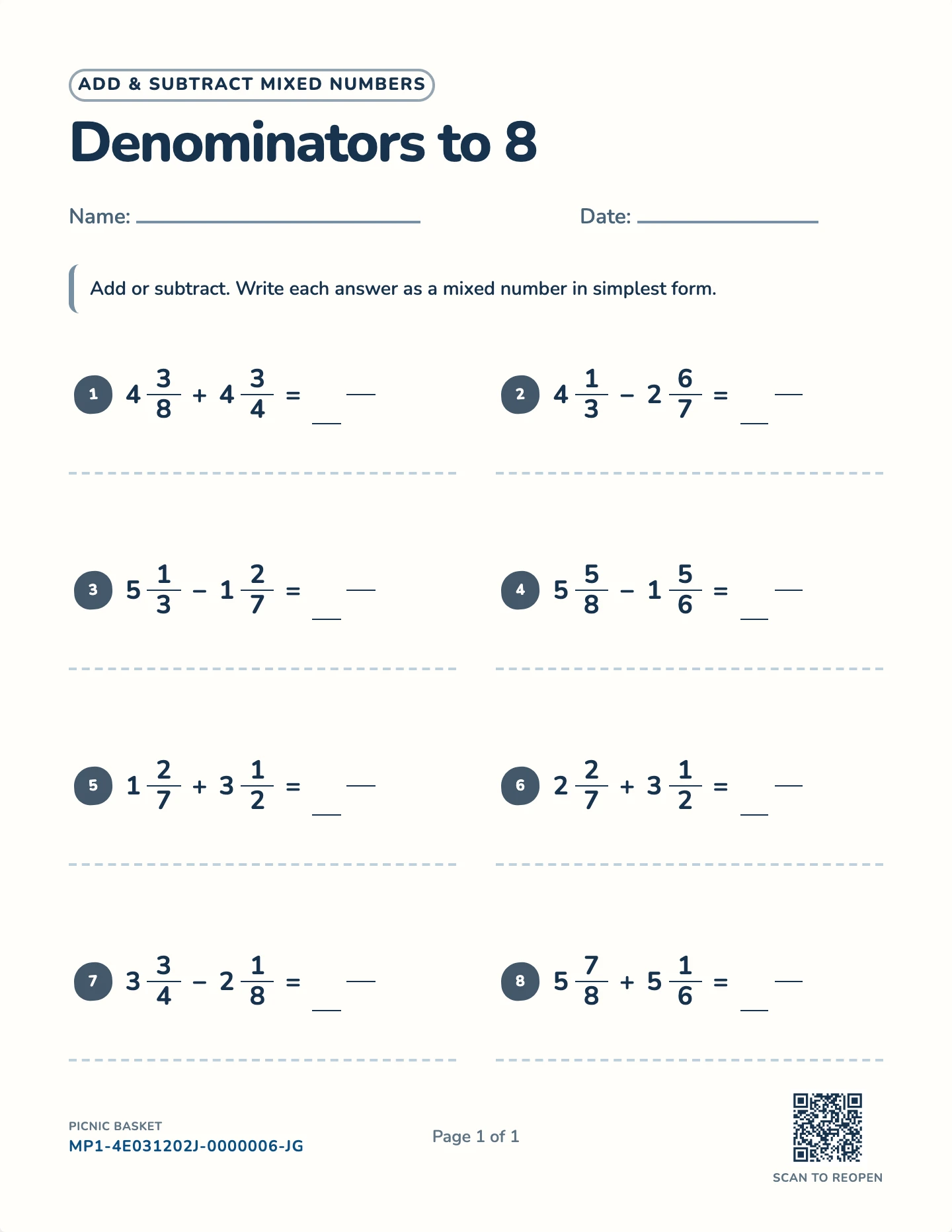 Adding and subtracting mixed numbers worksheet — Wholes to 5, common denominators to 24, free printable with answer key