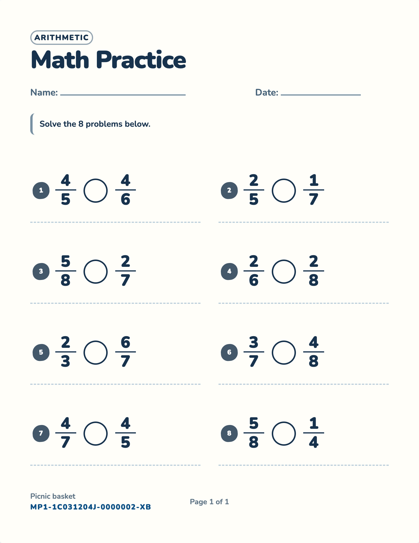 Comparing fractions worksheet — Unlike, to 8, free printable with answer key