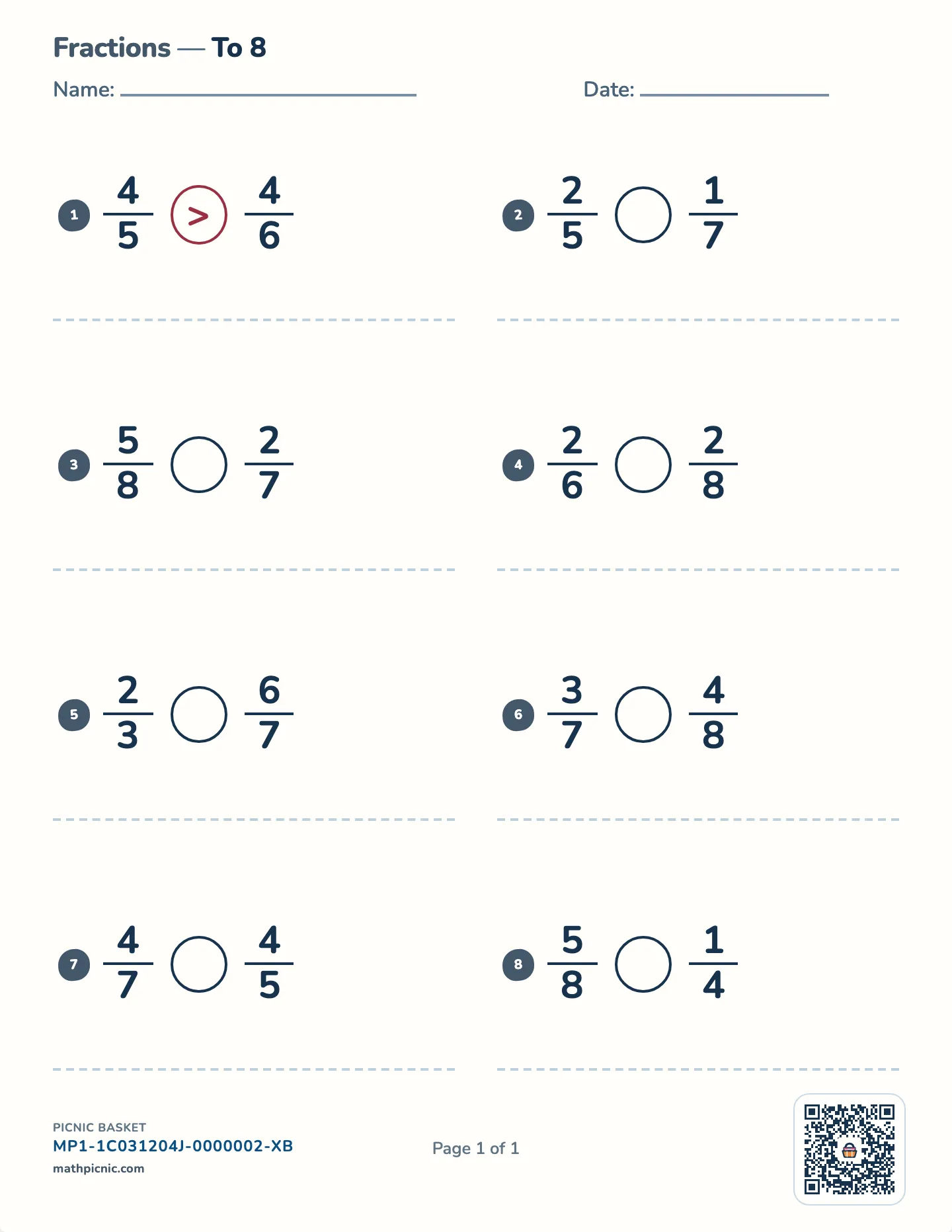 Comparing fractions worksheet — free printable with answer key