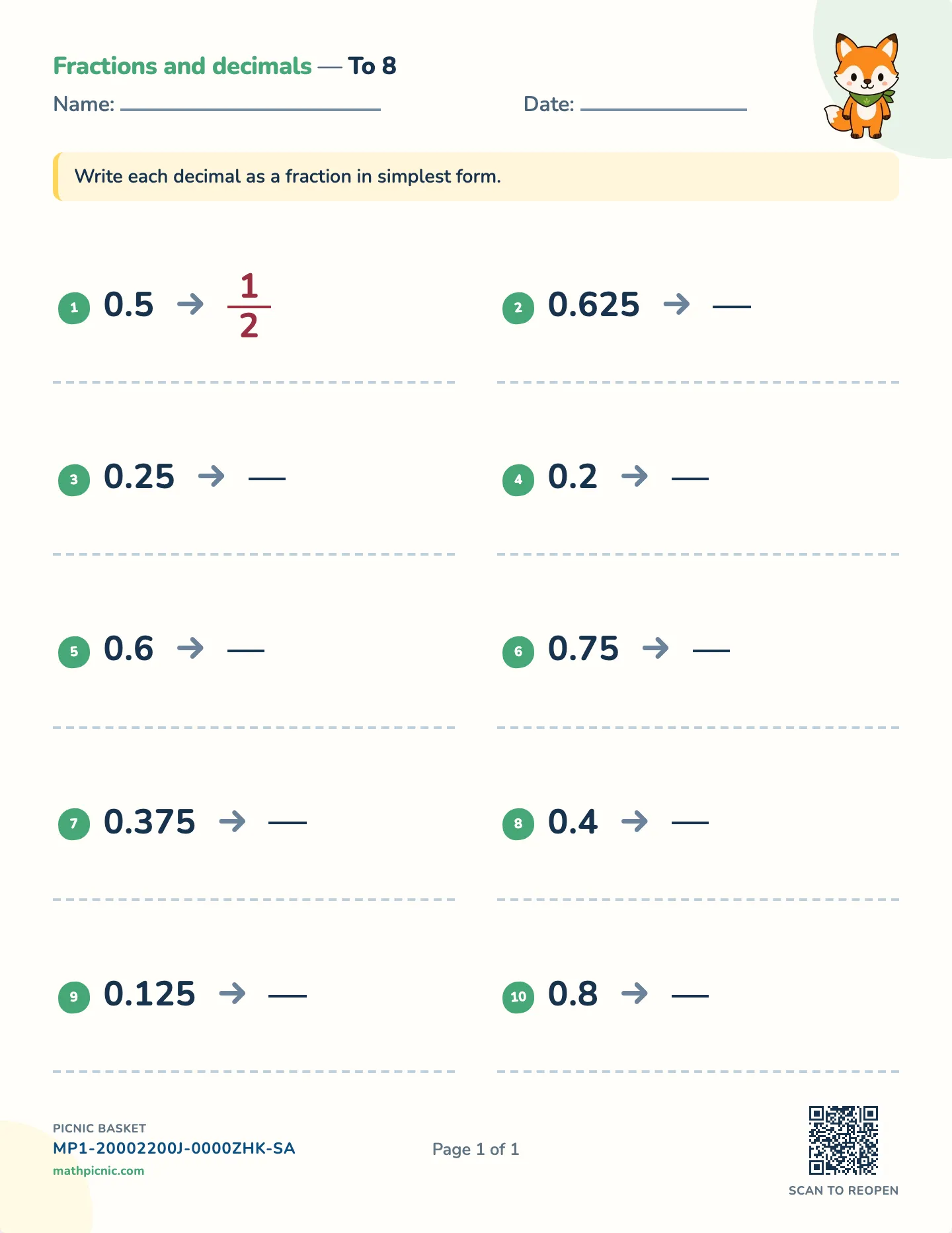 Decimals to fractions worksheet — Simplest form, free printable with answer key
