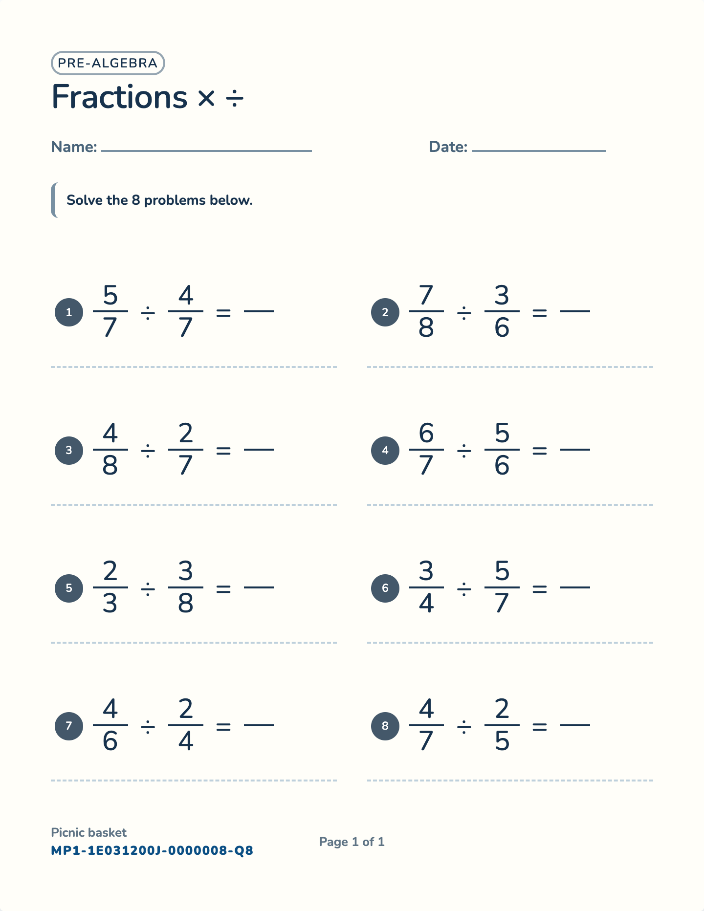 Dividing fractions worksheet — Proper fractions to 8, free printable with answer key