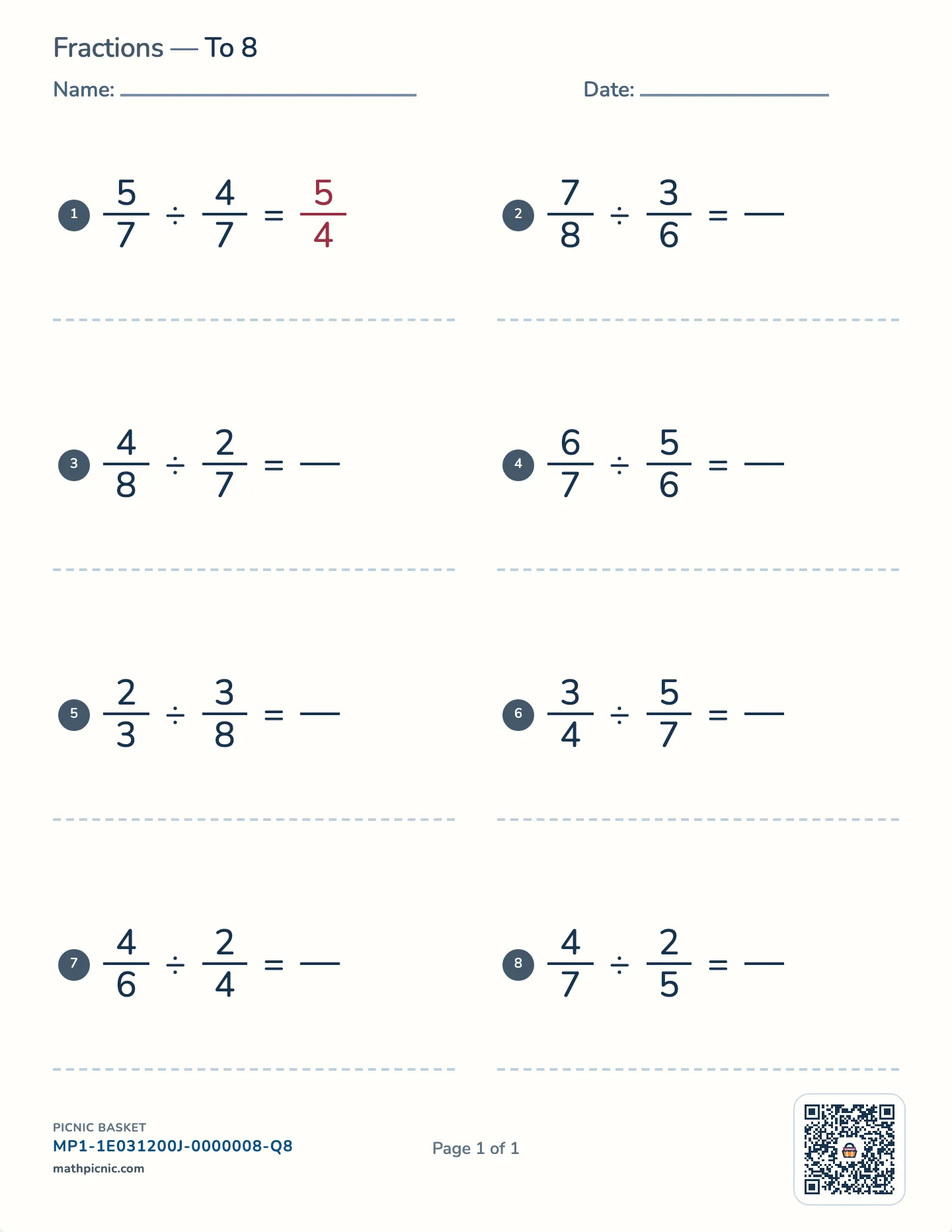 Dividing fractions worksheet — Proper fractions to 8, free printable with answer key