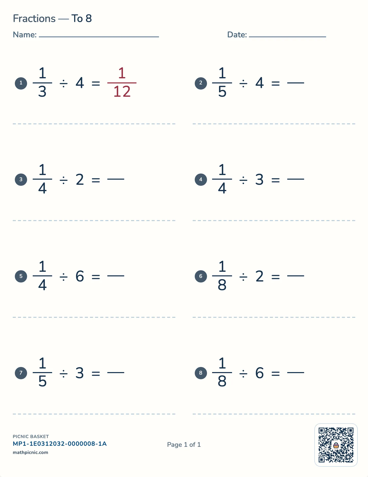 Dividing a unit fraction by a whole number worksheet — Halves to eighths, free printable with answer key