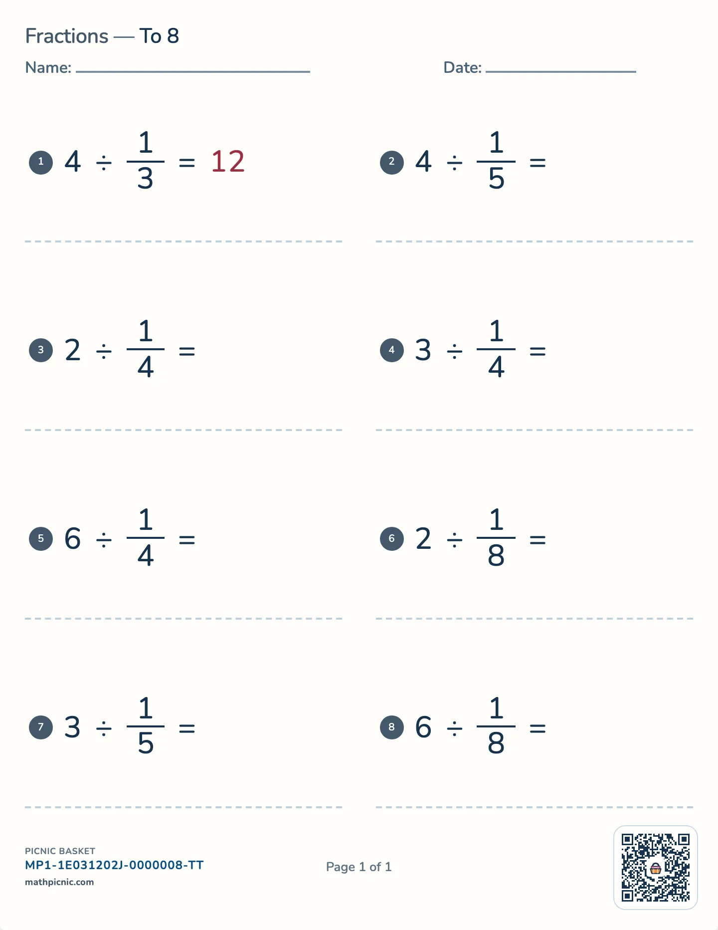 Dividing a whole number by a unit fraction worksheet — Halves to eighths, free printable with answer key