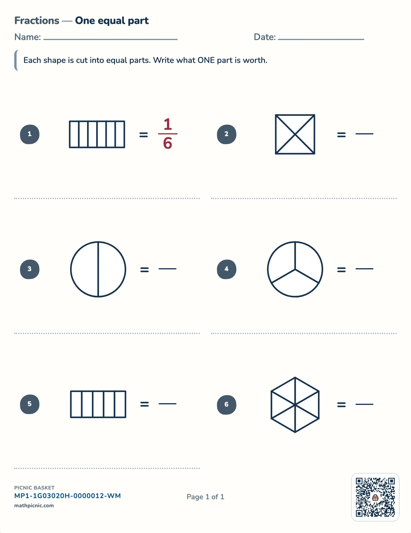 Equal parts and unit fractions worksheet — 2 to 6 equal parts, free printable with answer key