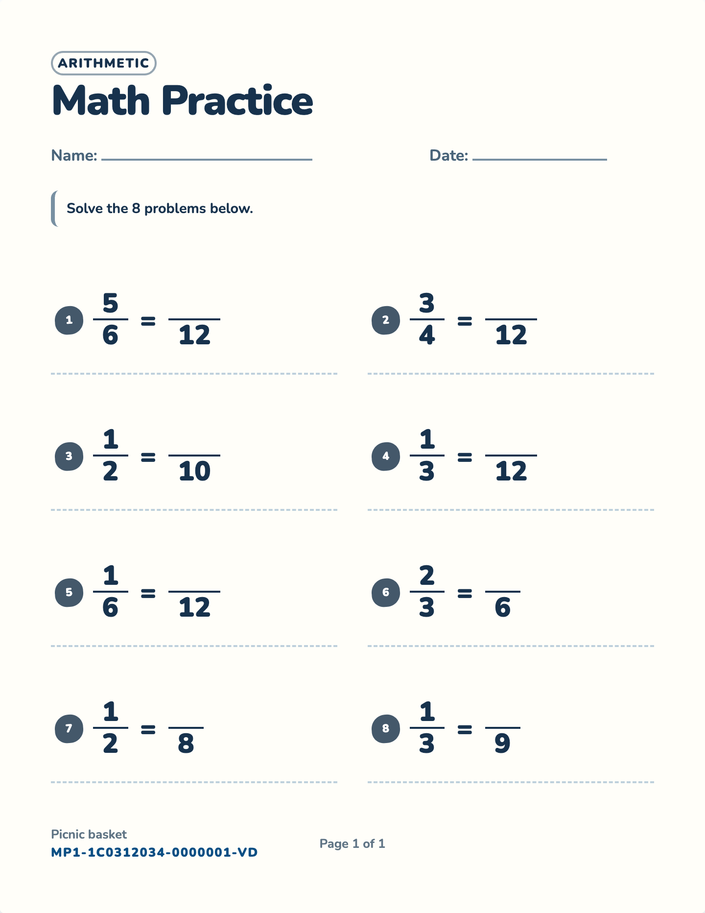 Equivalent fractions worksheet — Denominators to 12, free printable with answer key