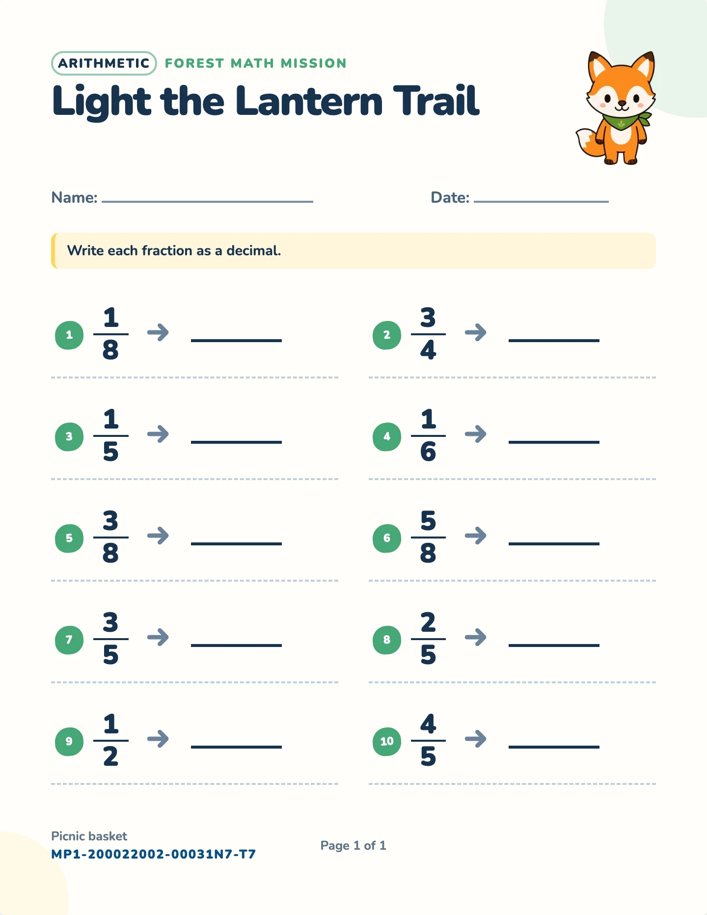 Fractions and decimals worksheet — Terminating and repeating, free printable with answer key