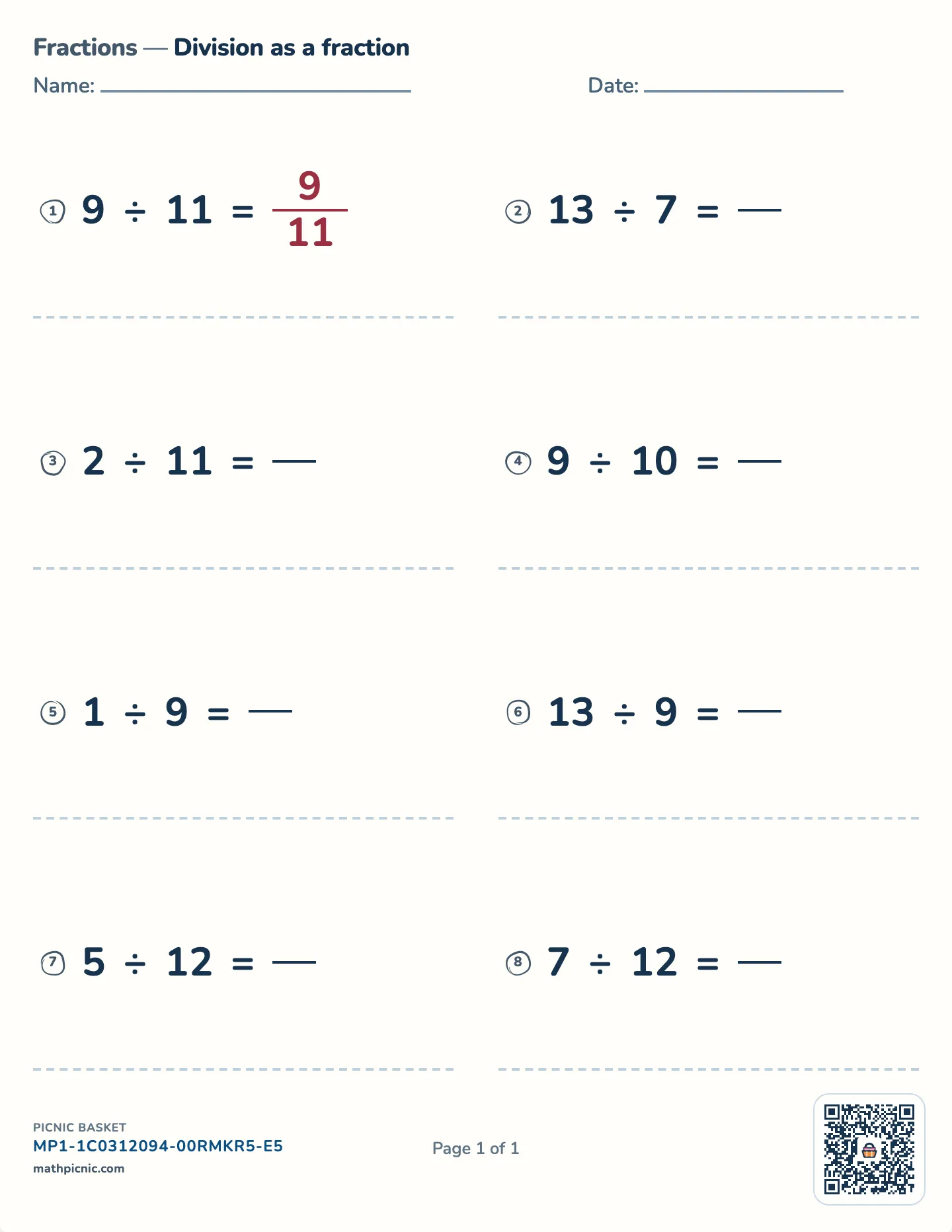 Fractions as division worksheet — Denominators to 12, free printable with answer key