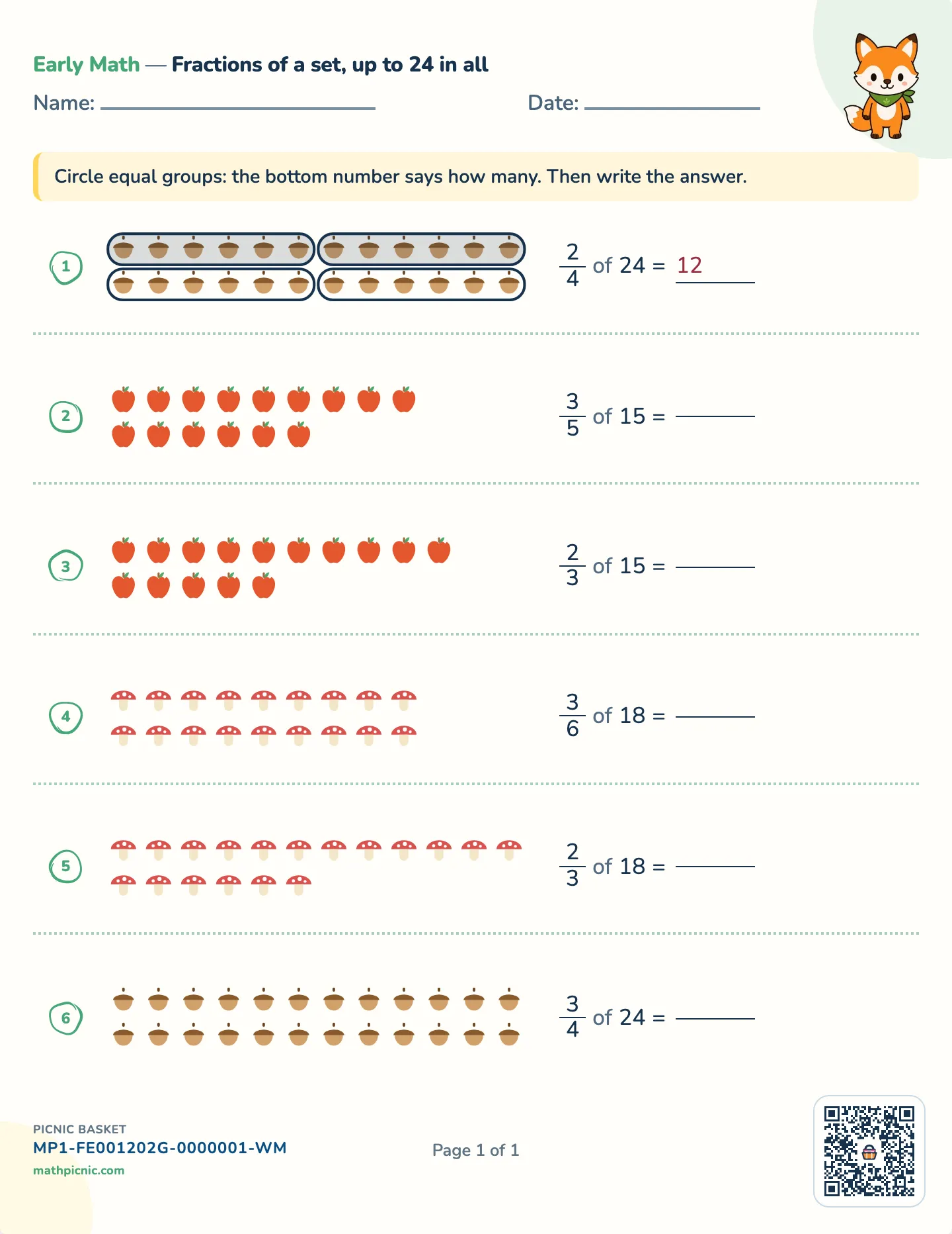 Fractions of a set worksheet — 12 to 24 objects, free printable with answer key