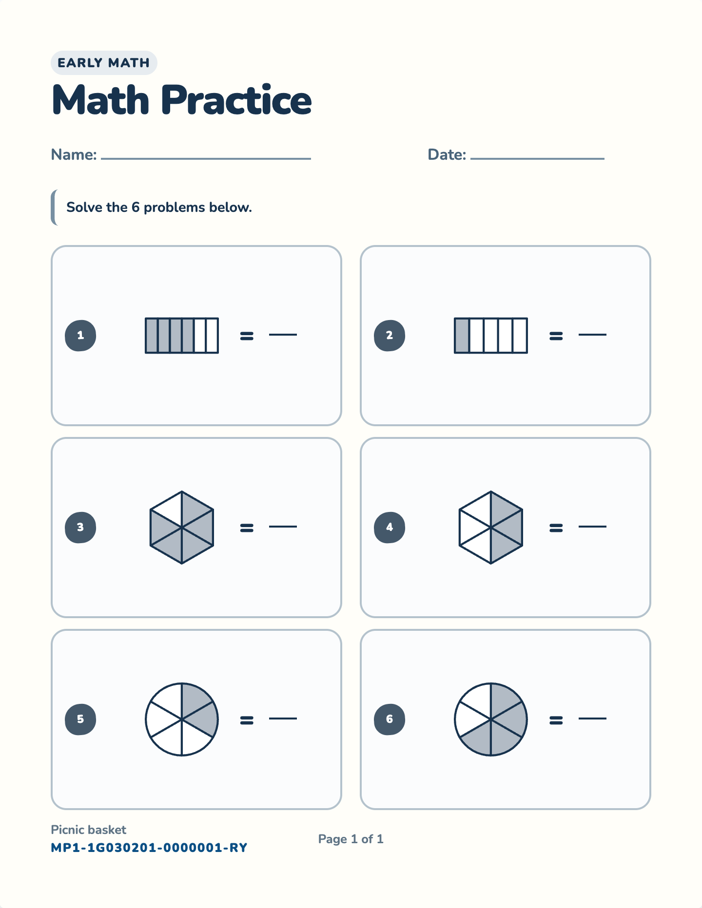 Fractions of shapes worksheet — Halves to twelfths, free printable with answer key