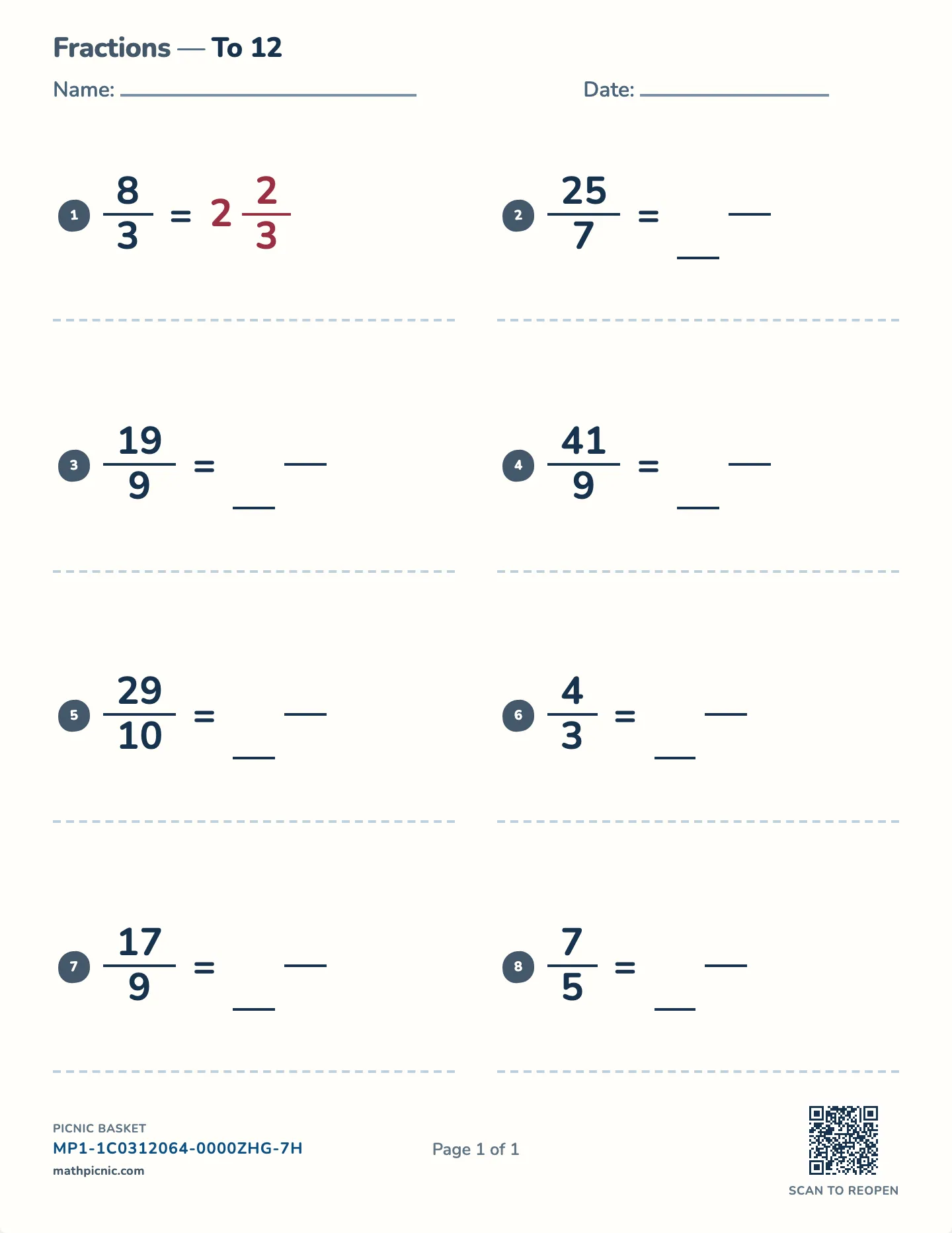 Improper fractions to mixed numbers worksheet — Denominators to 12, free printable with answer key