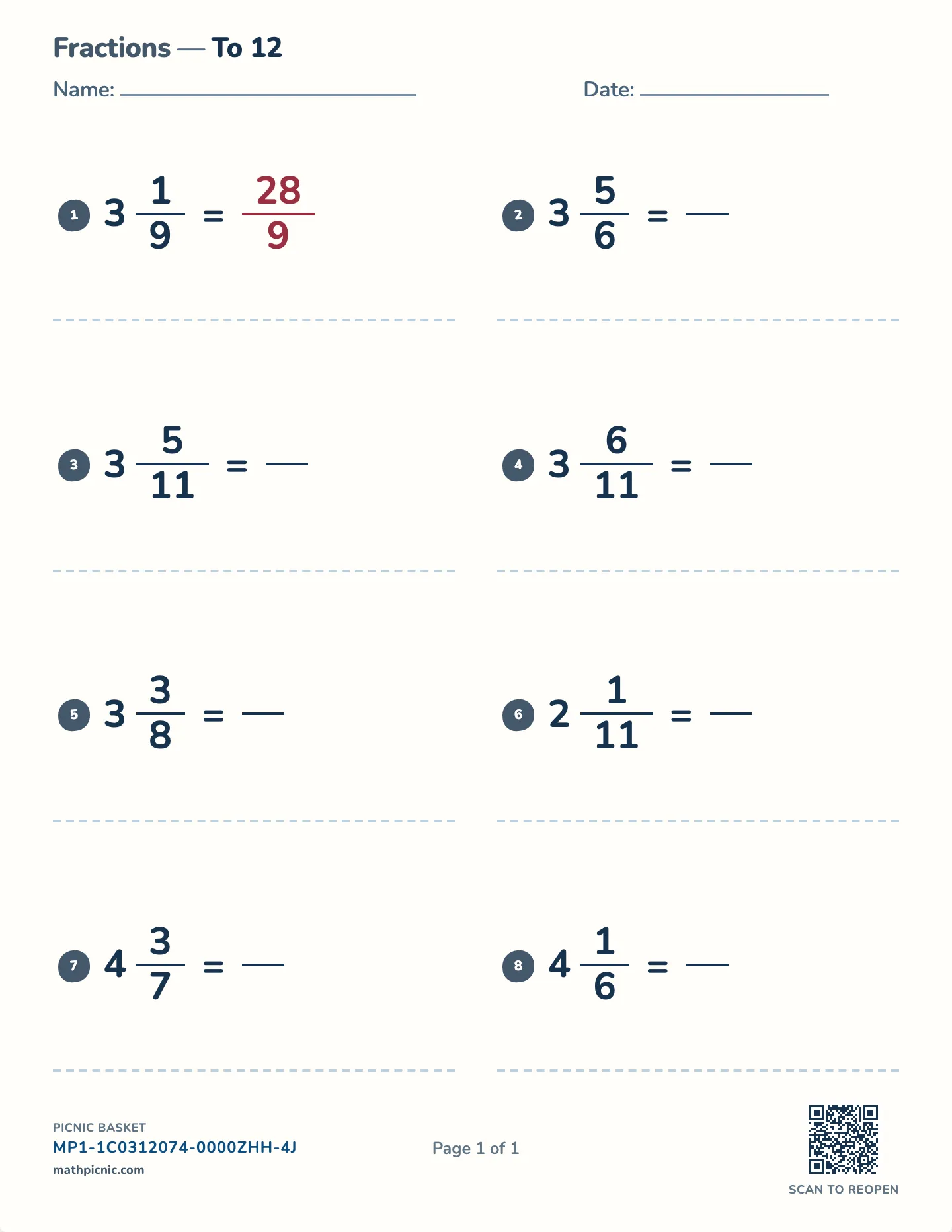 Mixed numbers to improper fractions worksheet — Denominators to 12, free printable with answer key