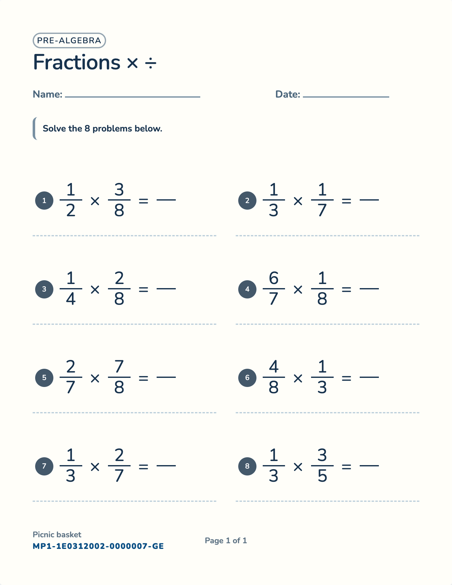 Multiplying fractions worksheet — Proper fractions to 8, free printable with answer key
