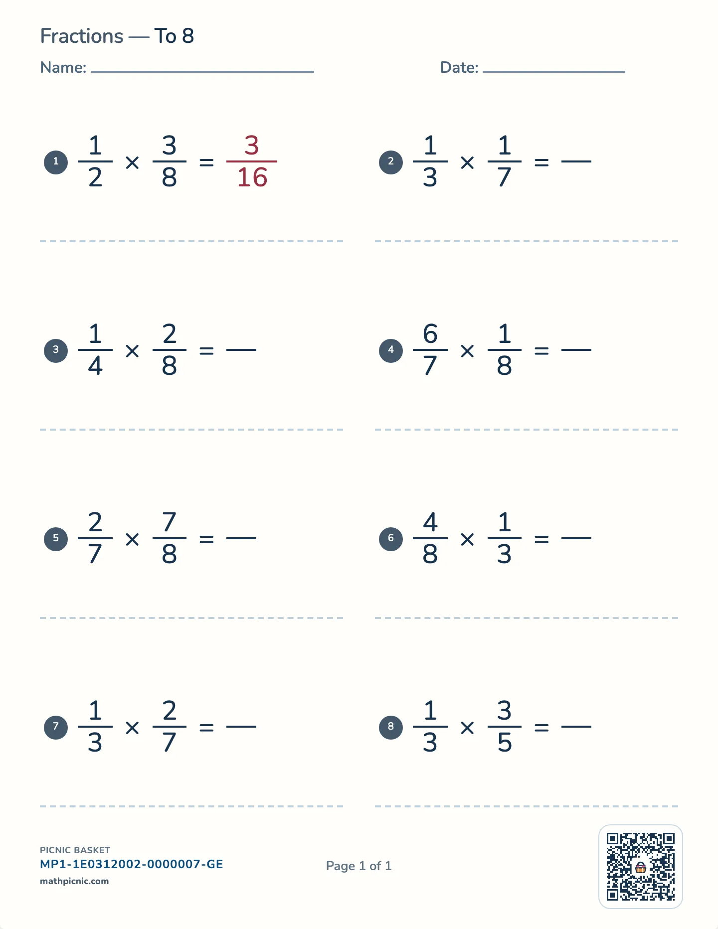 Multiplying fractions worksheet — free printable with answer key