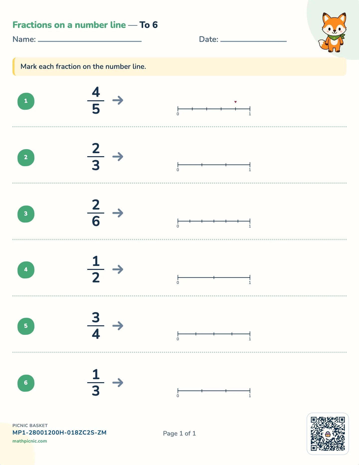 Plot fractions on a number line worksheet — Halves to twelfths, 0–1, free printable with answer key