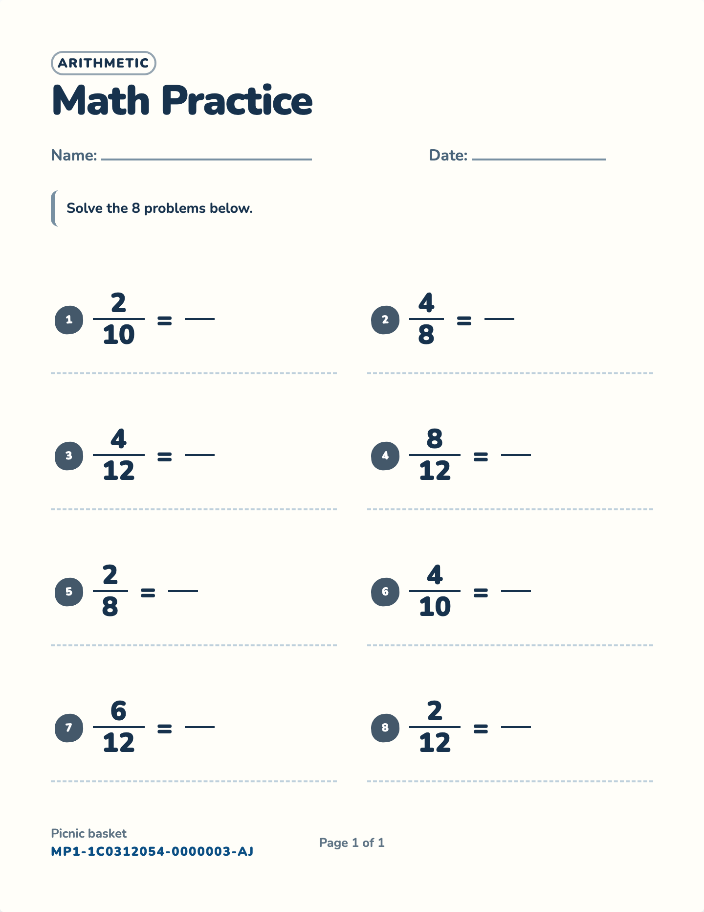 Simplifying fractions worksheet — Denominators to 12, free printable with answer key