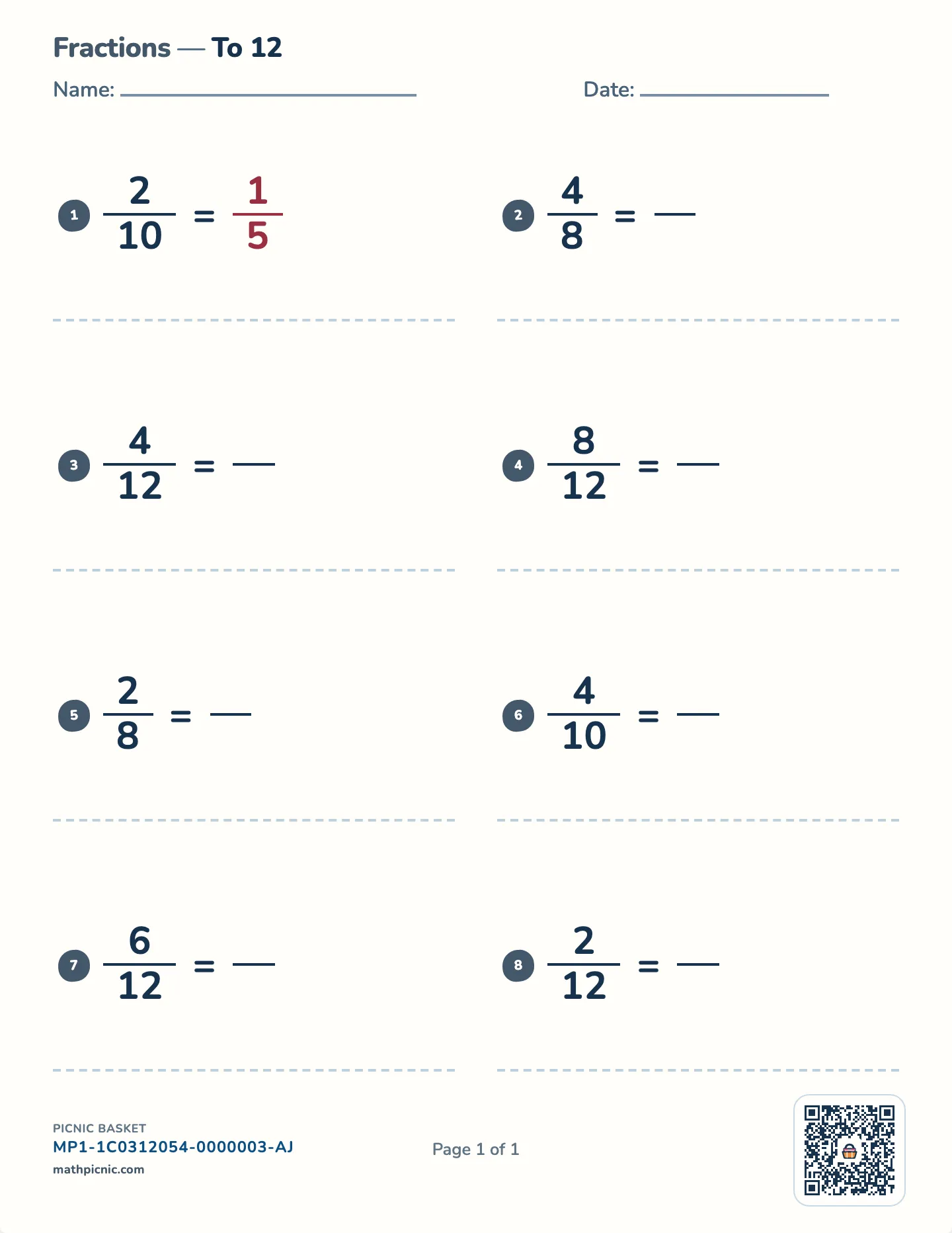 Simplifying fractions worksheet — free printable with answer key
