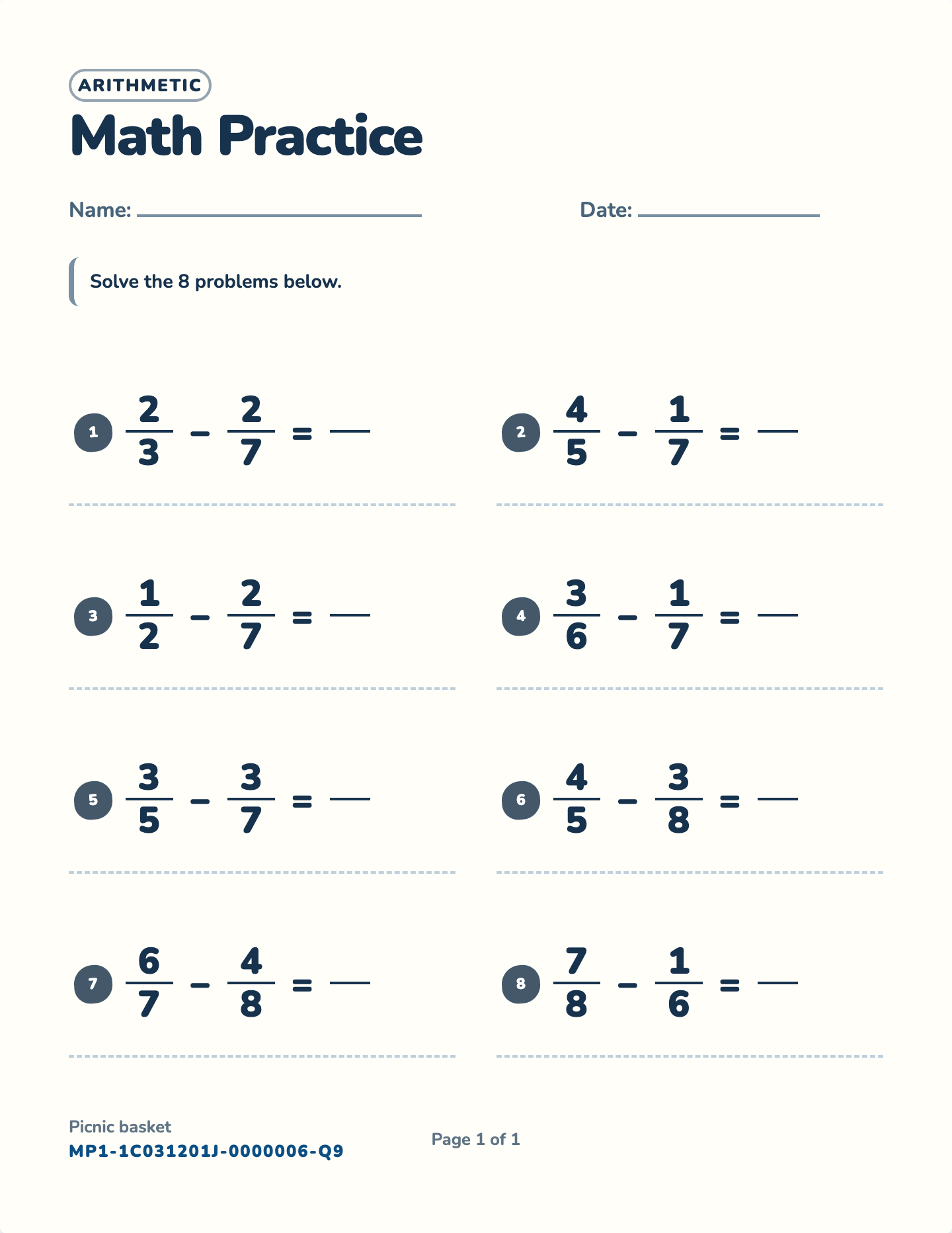 Subtracting fractions worksheet — Unlike denominators, to 8, free printable with answer key
