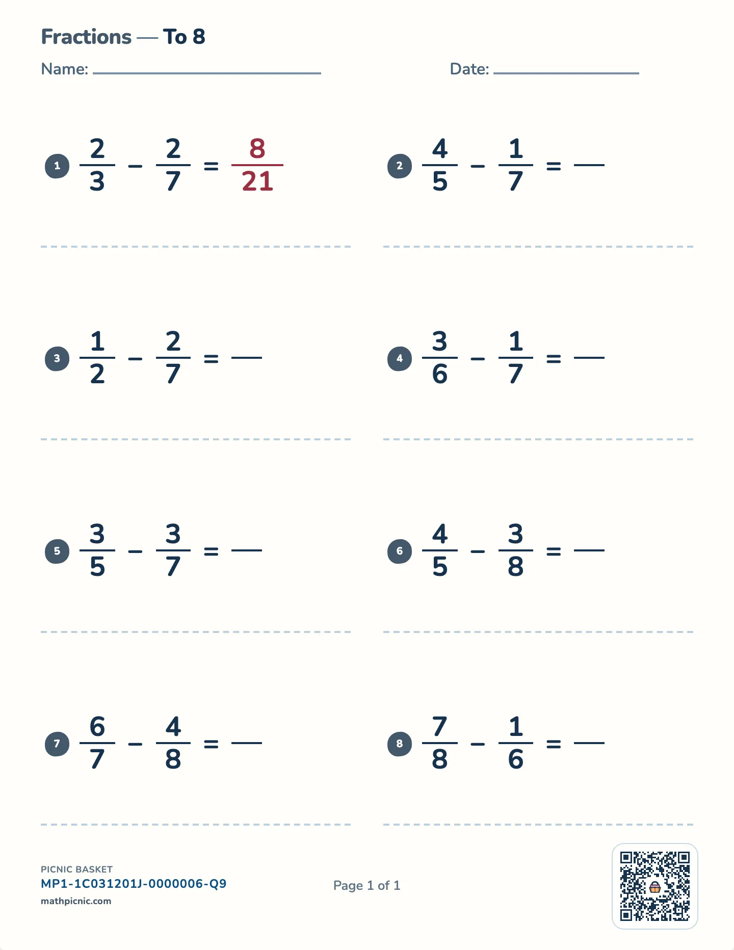 Subtracting fractions worksheet — free printable with answer key