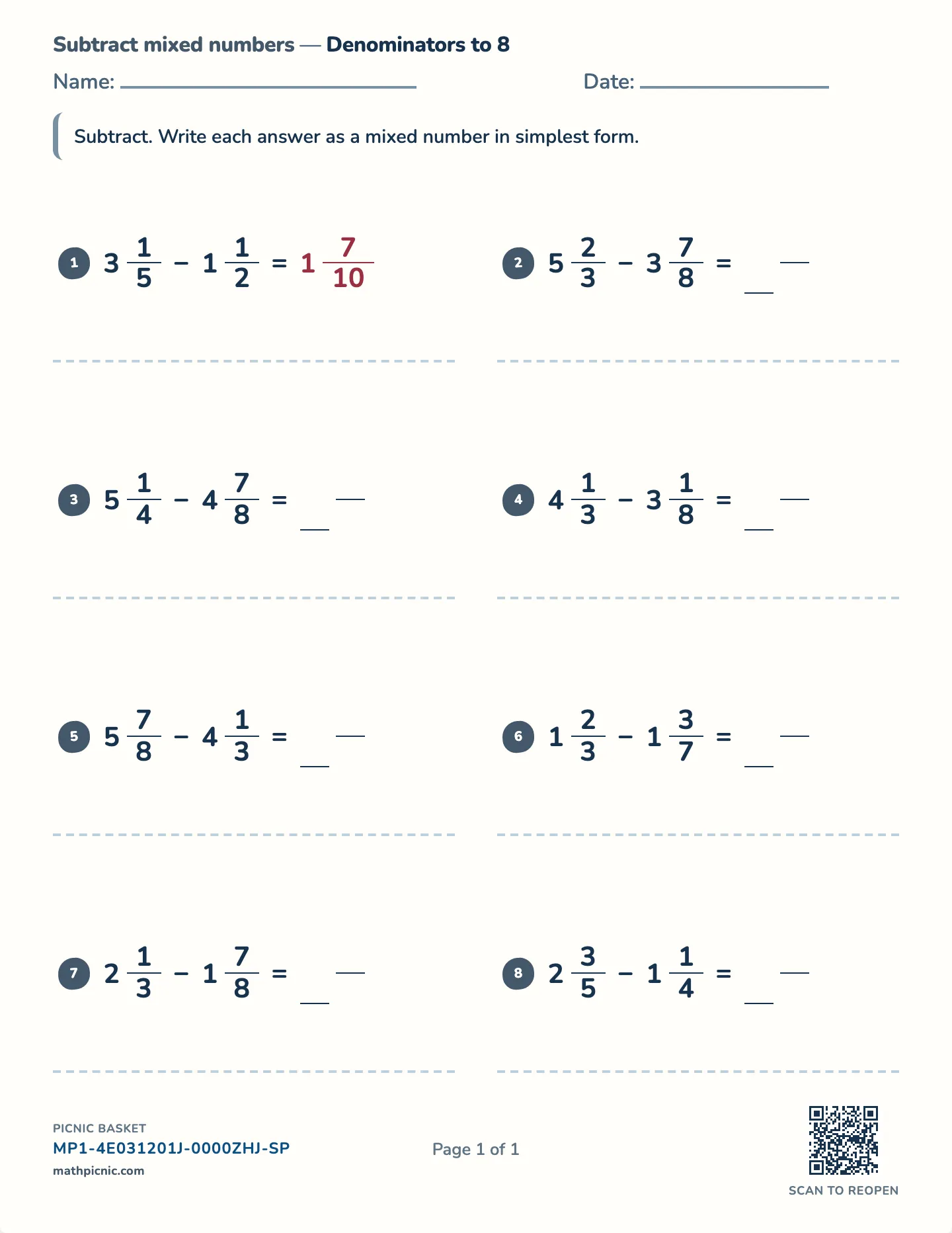 Subtracting mixed numbers worksheet — Borrowing from the whole, free printable with answer key