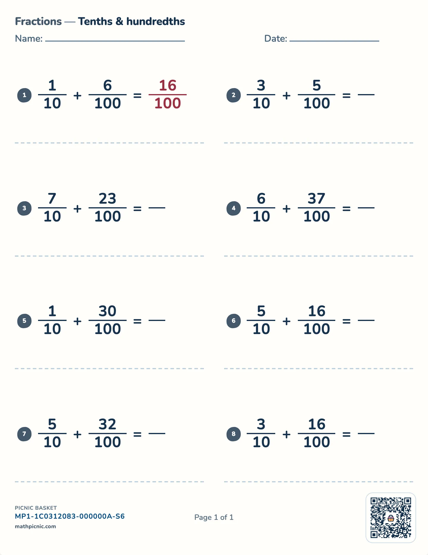 Tenths and hundredths worksheet — Answers over 100, free printable with answer key