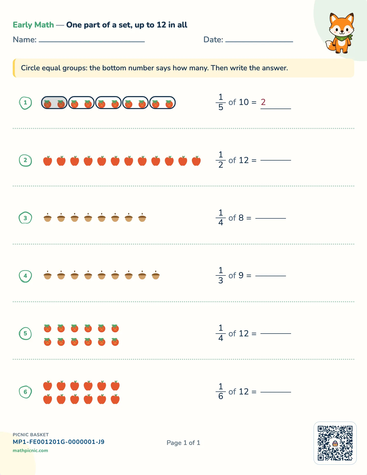 Unit fractions of a set worksheet — Up to 12 objects, free printable with answer key