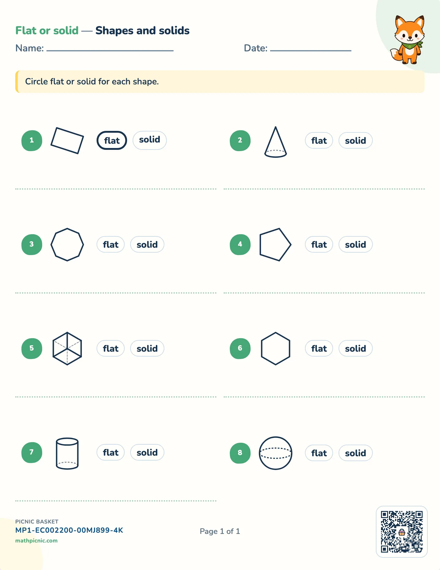 Flat or solid worksheet — Six flat shapes, four solids, free printable with answer key