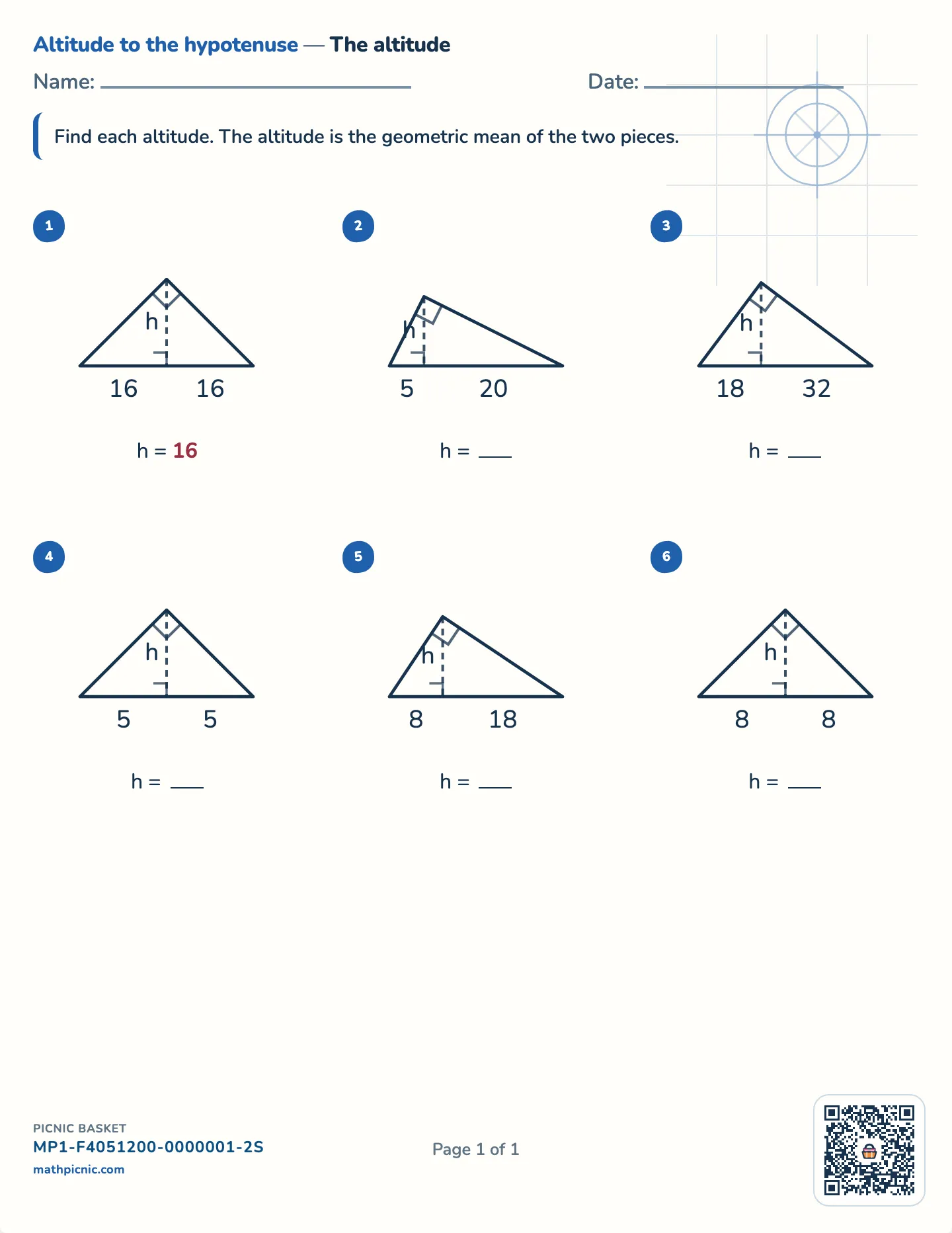 Altitude to the hypotenuse worksheet — Geometric mean, whole-number answers, free printable with answer key