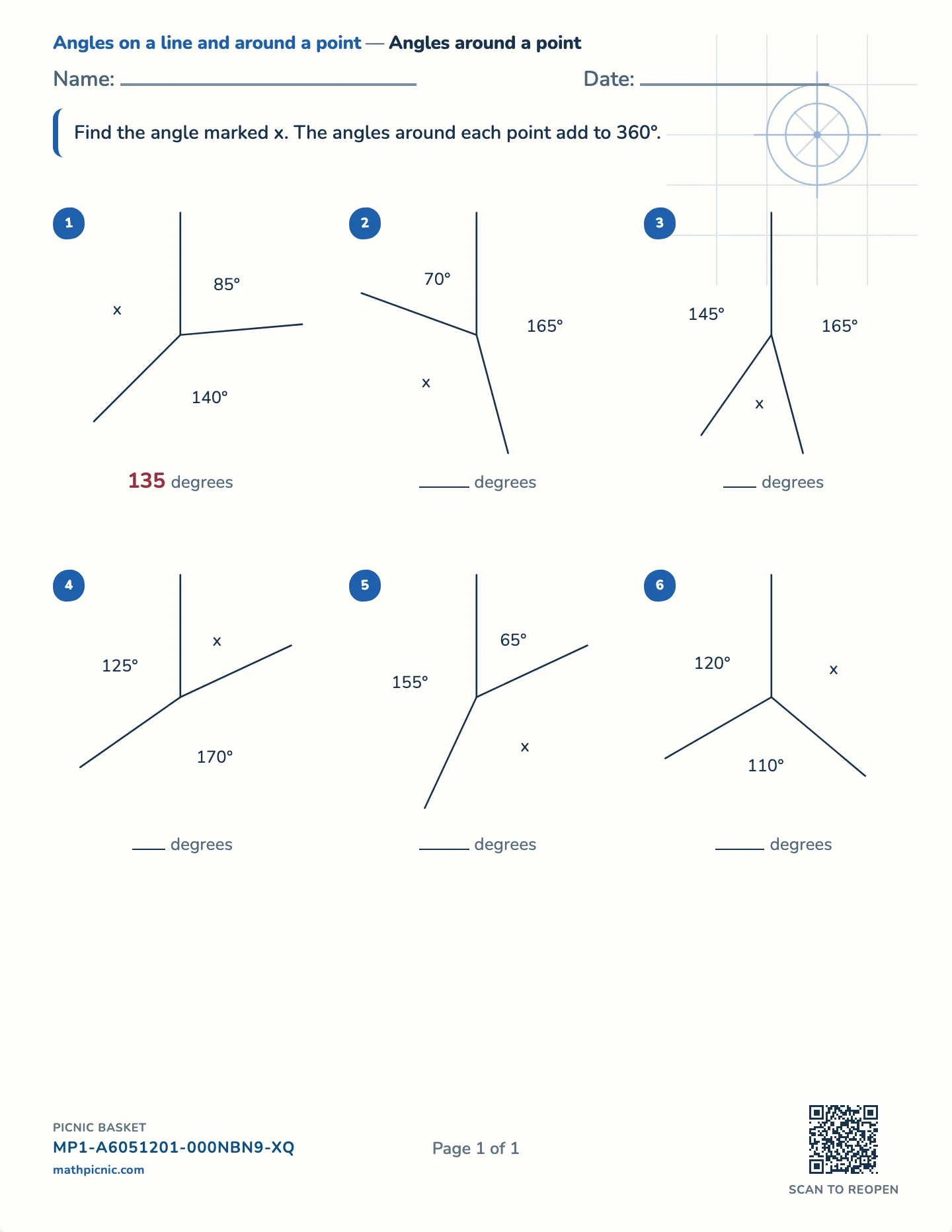 Angles around a point worksheet — Adjacent angles, 360°, free printable with answer key