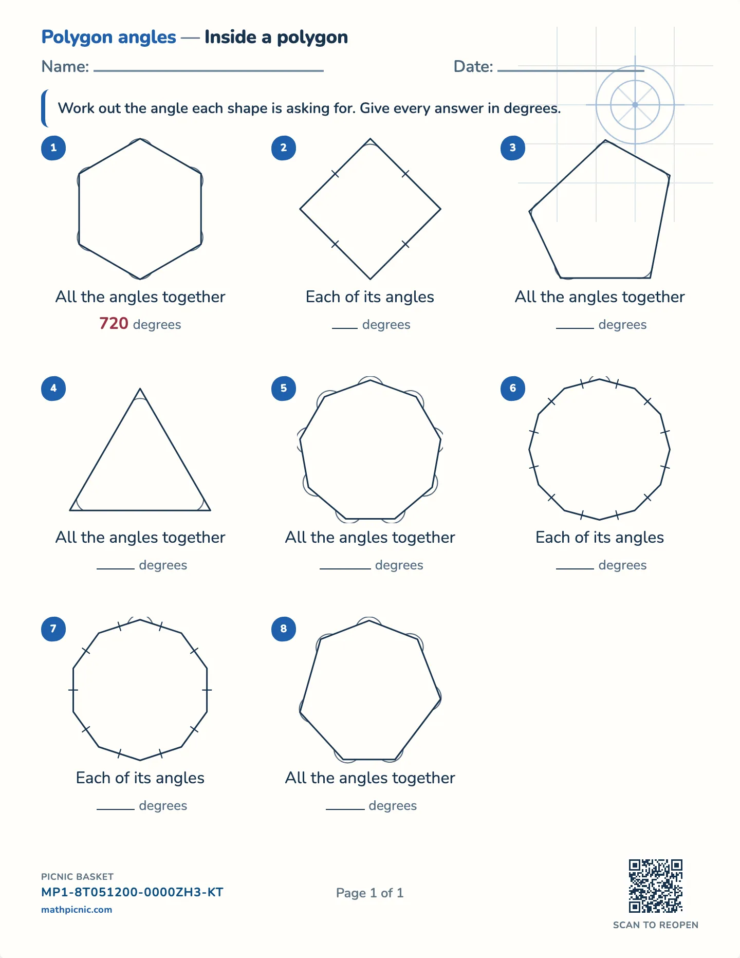 Angles in a polygon worksheet — Three to eight sides, free printable with answer key