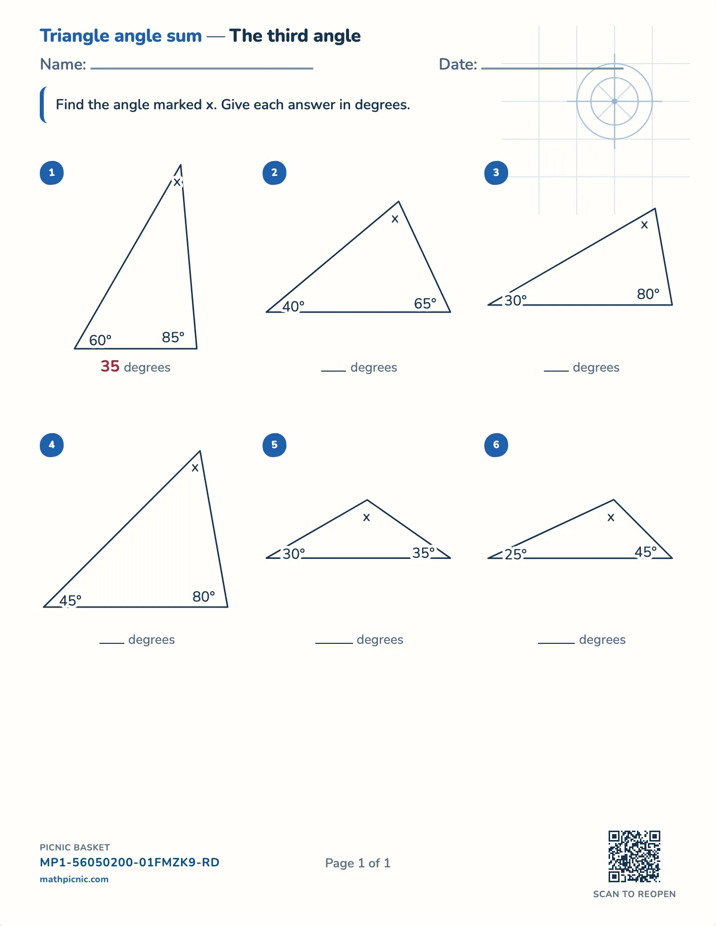 Angles in a triangle worksheet — Angles in fives, 25° and up, free printable with answer key