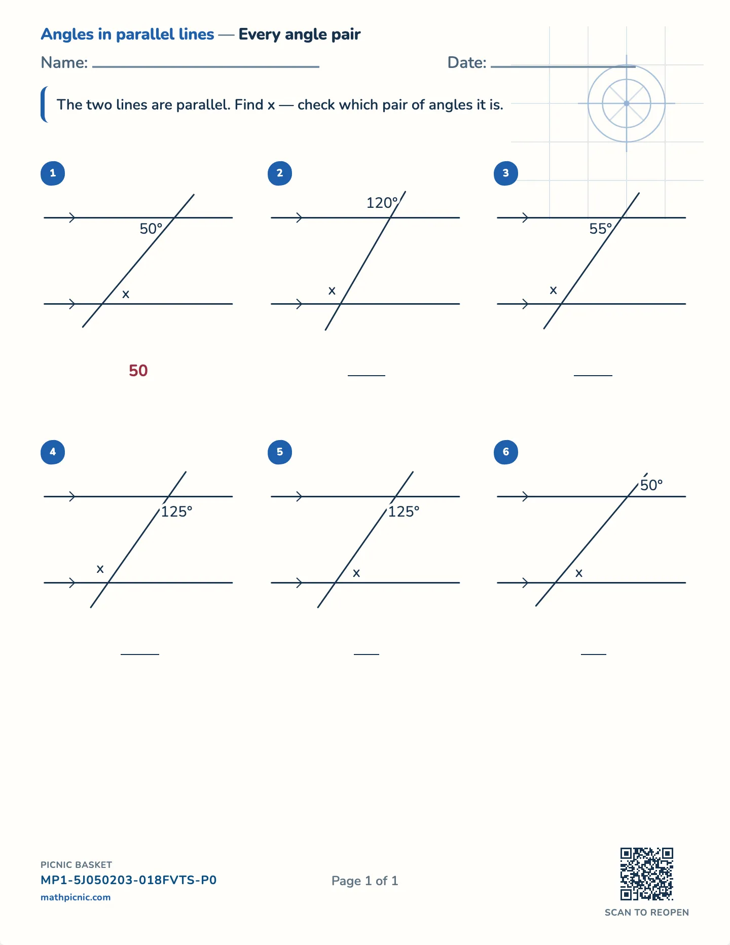 Angles in parallel lines worksheet — Angles in fives, 40° and up, free printable with answer key