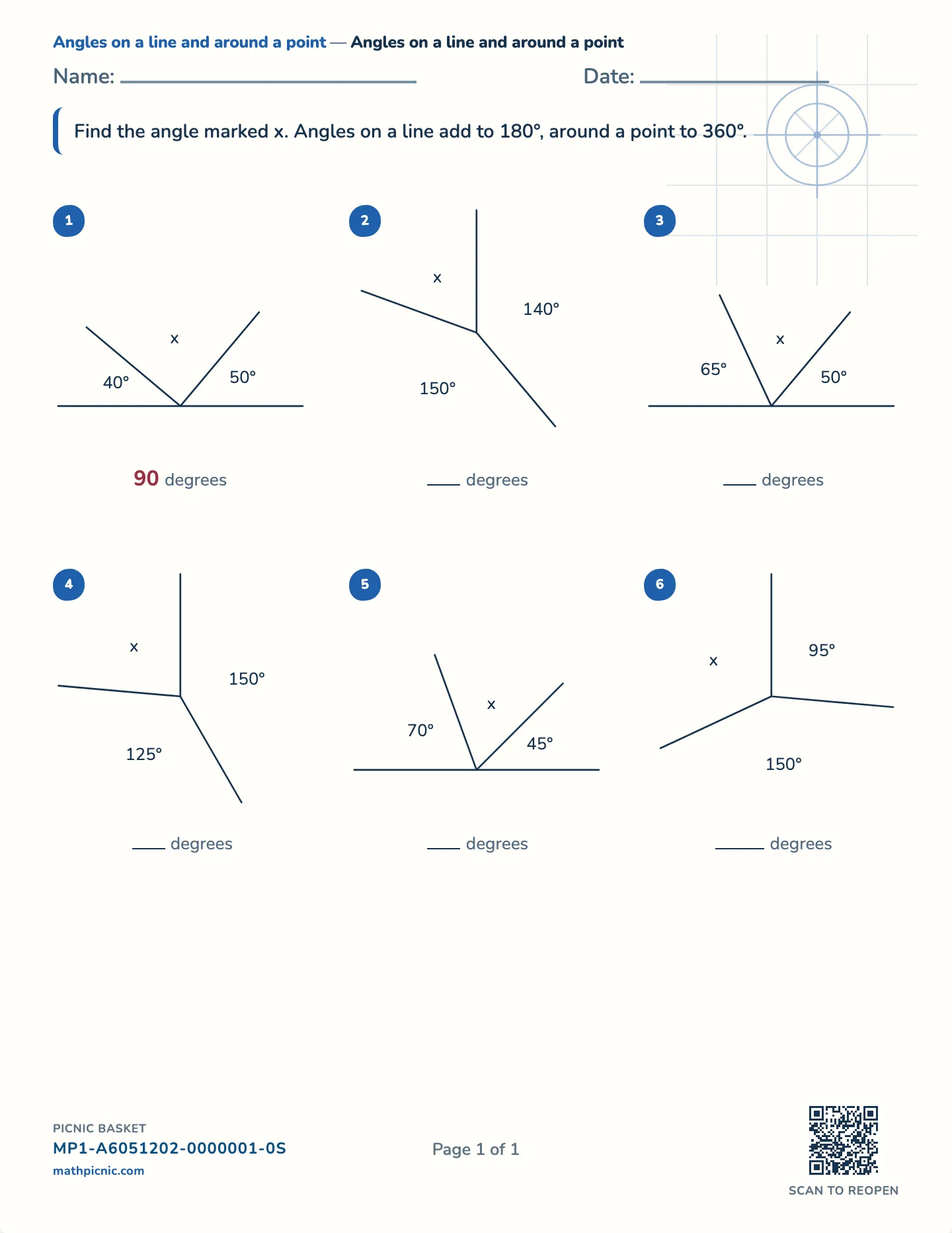 Angles on a line and around a point worksheet — Three angles, 180° or 360°, free printable with answer key