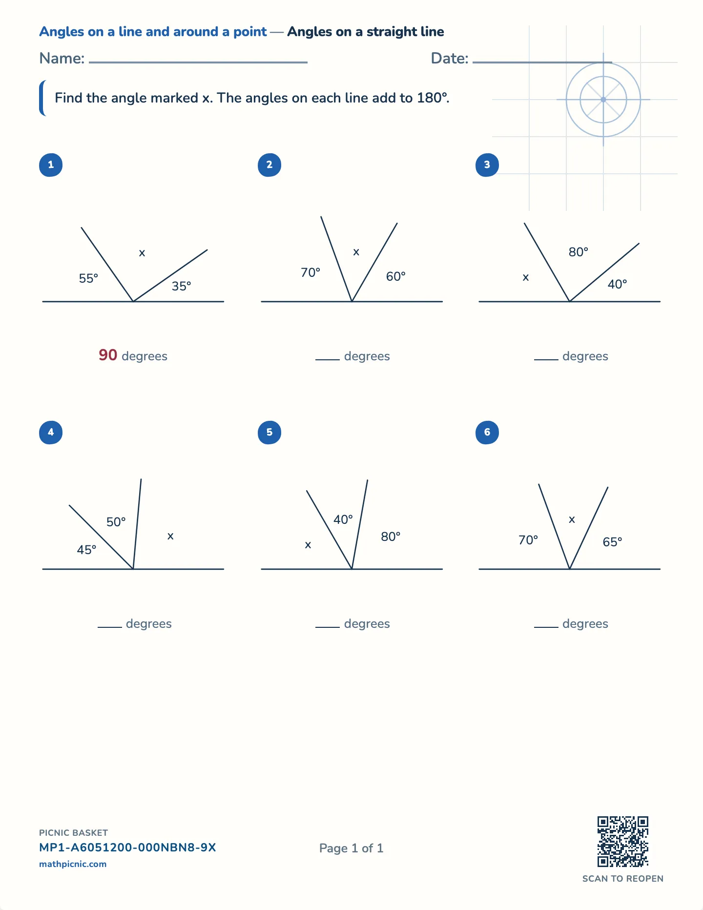 Angles on a straight line worksheet — Adjacent angles, 180°, free printable with answer key