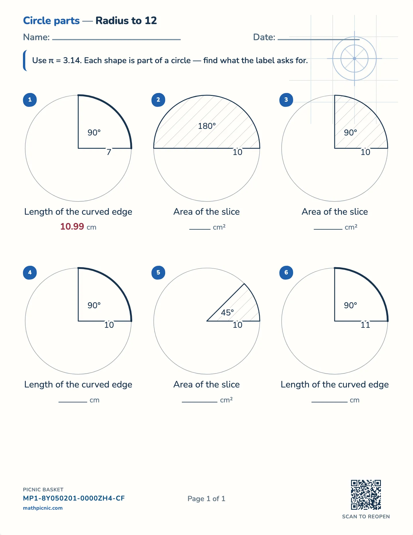 Arc length and sector area worksheet — π = 3.14, angles to 270°, free printable with answer key