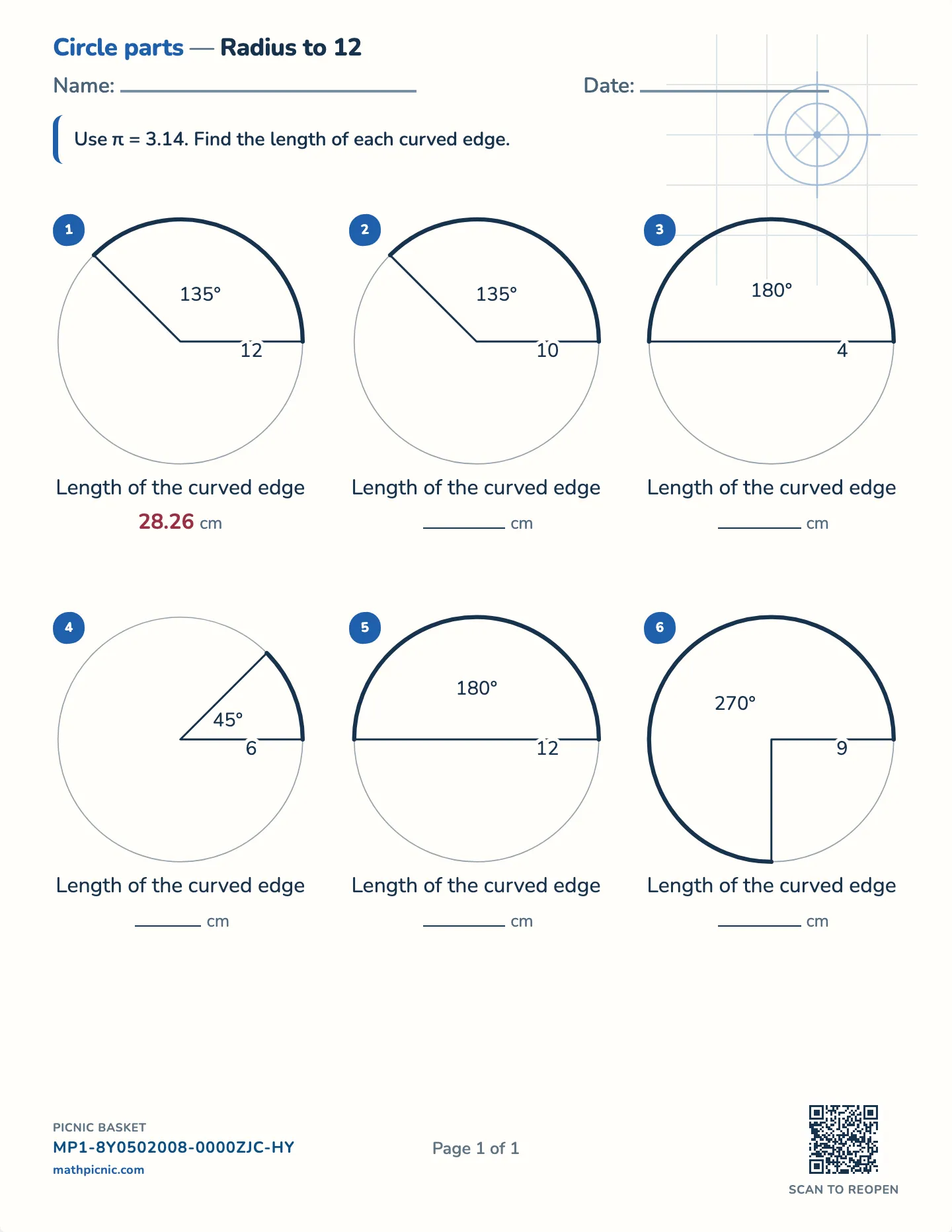 Arc length worksheet — Curved edge only, π = 3.14, free printable with answer key