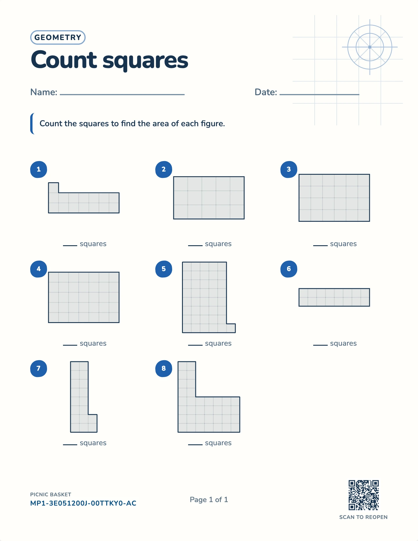 Area by counting squares worksheet — Grids to 10 squares a side, free printable with answer key