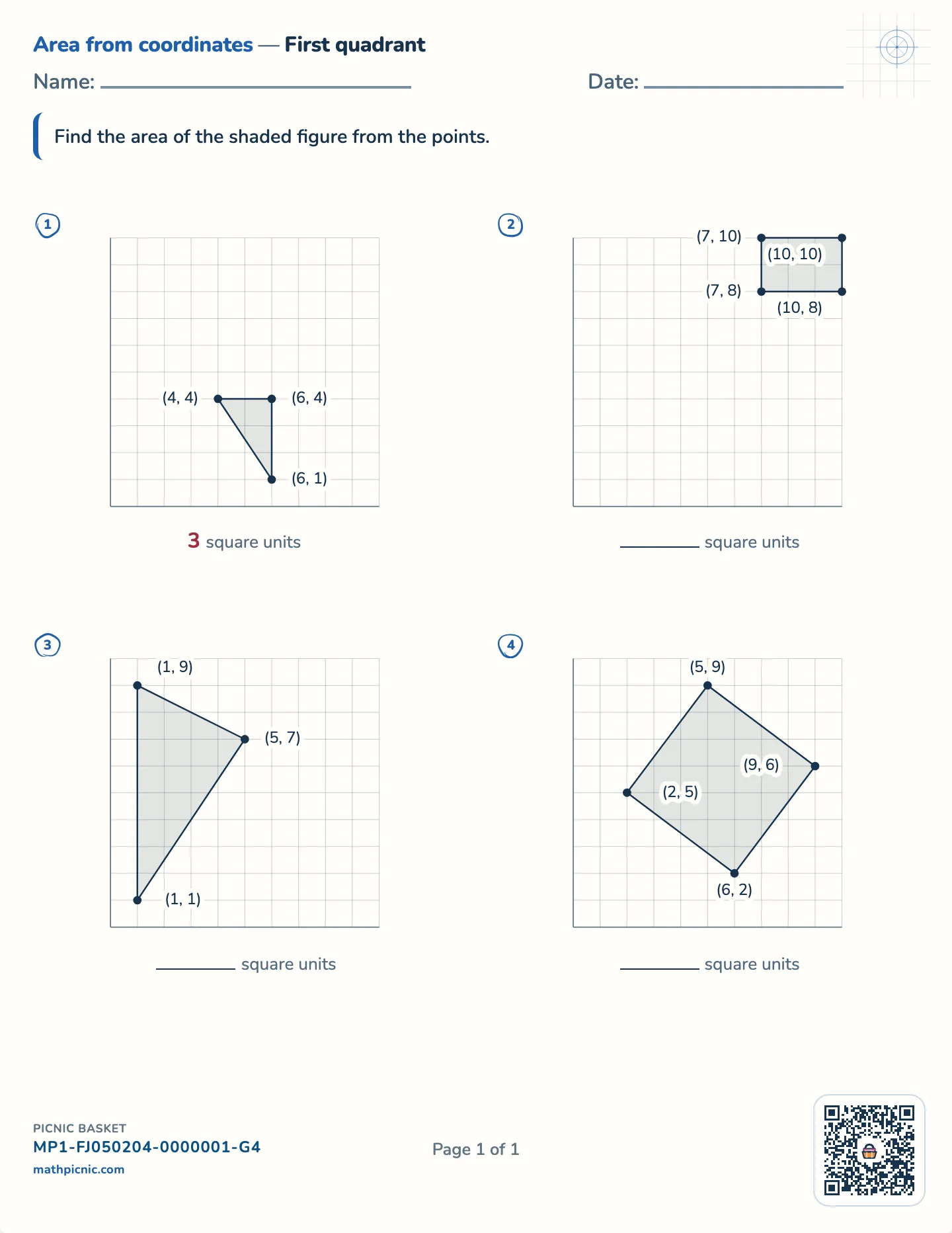 Area from coordinates worksheet — First quadrant, whole-number areas, free printable with answer key