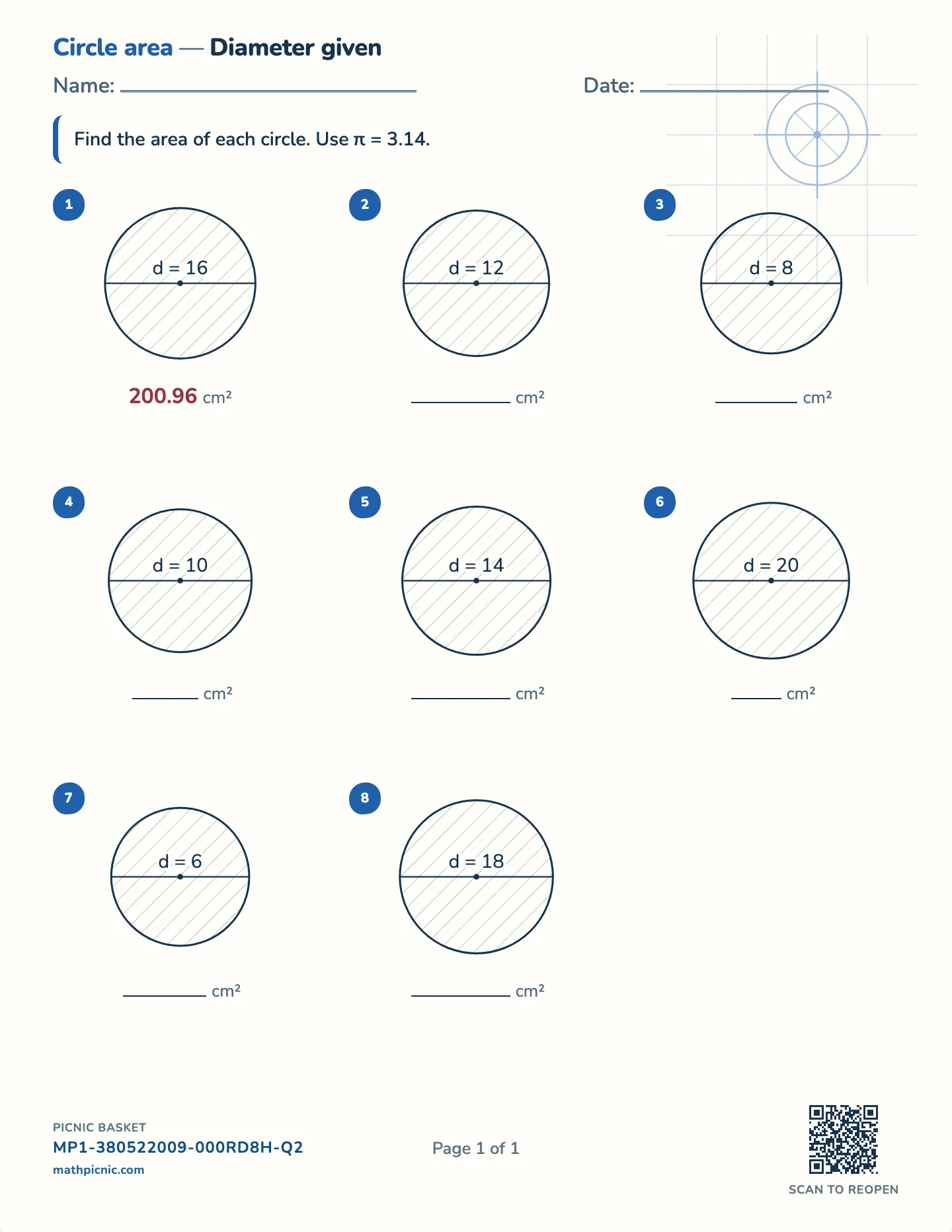 Area of a circle from the diameter worksheet — Diameters to 30 cm, free printable with answer key
