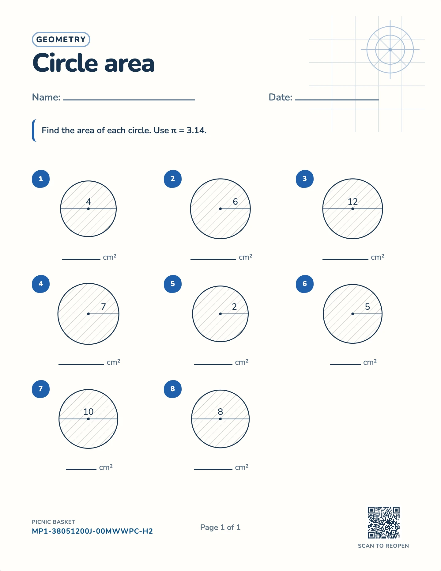 Area of a circle worksheet — Circles to 30 cm across, free printable with answer key