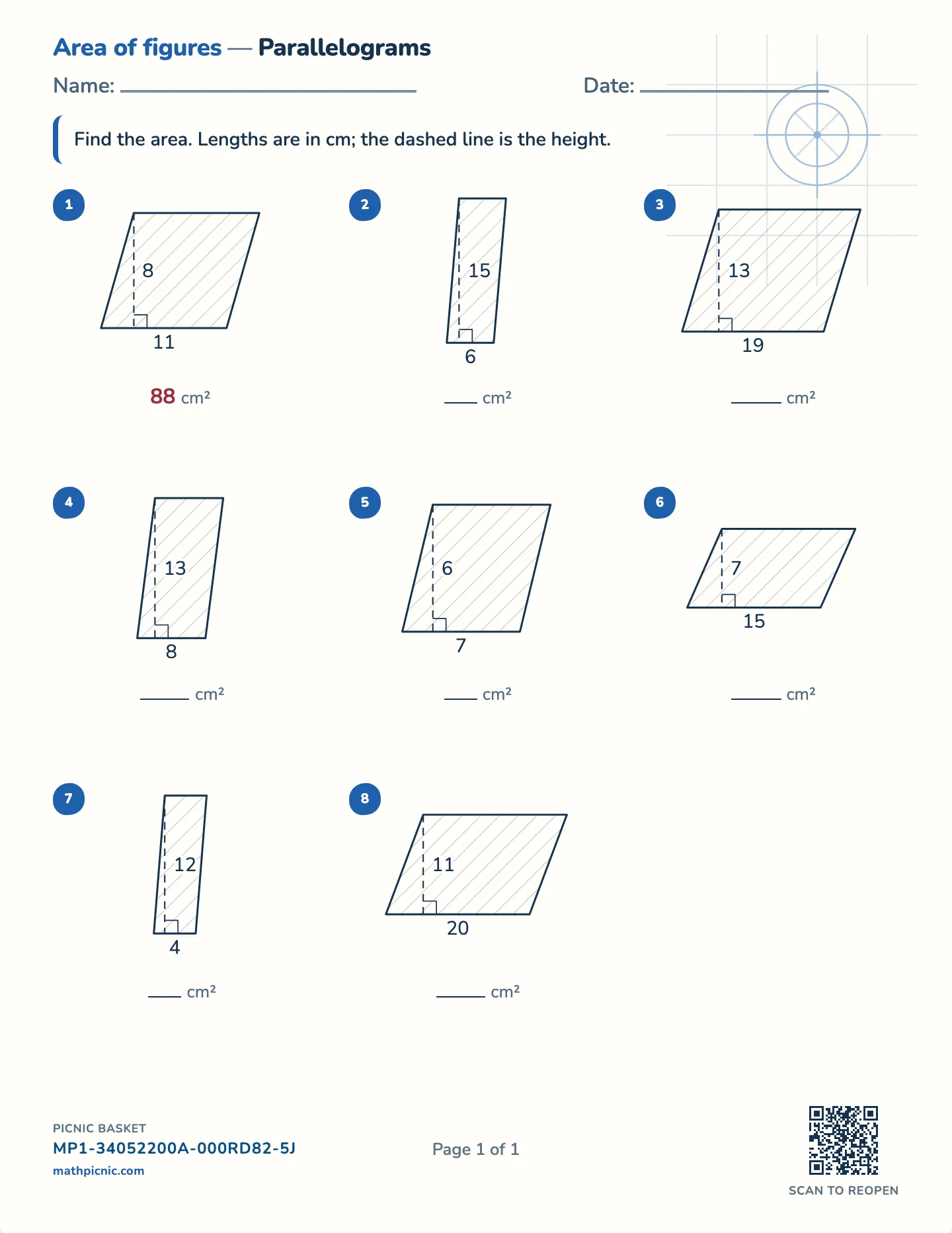 Area of a parallelogram worksheet — Bases to 30 cm, free printable with answer key