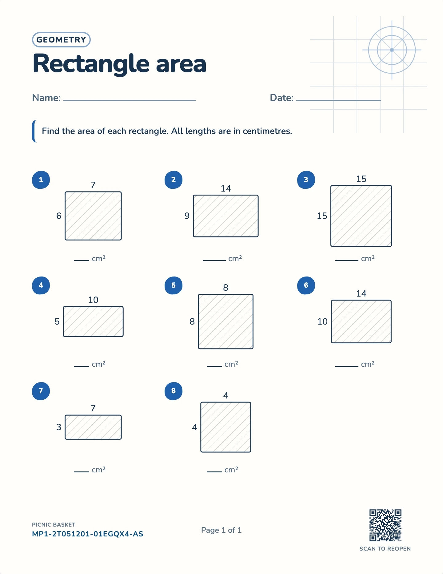 Area of a rectangle worksheet — Sides to 20 cm, free printable with answer key