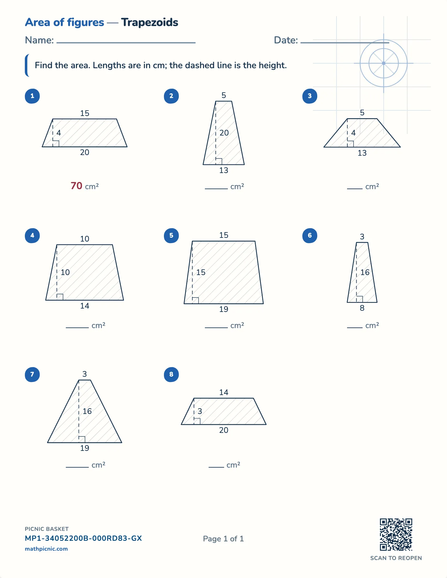 Area of a trapezoid worksheet — Parallel sides to 30 cm, free printable with answer key