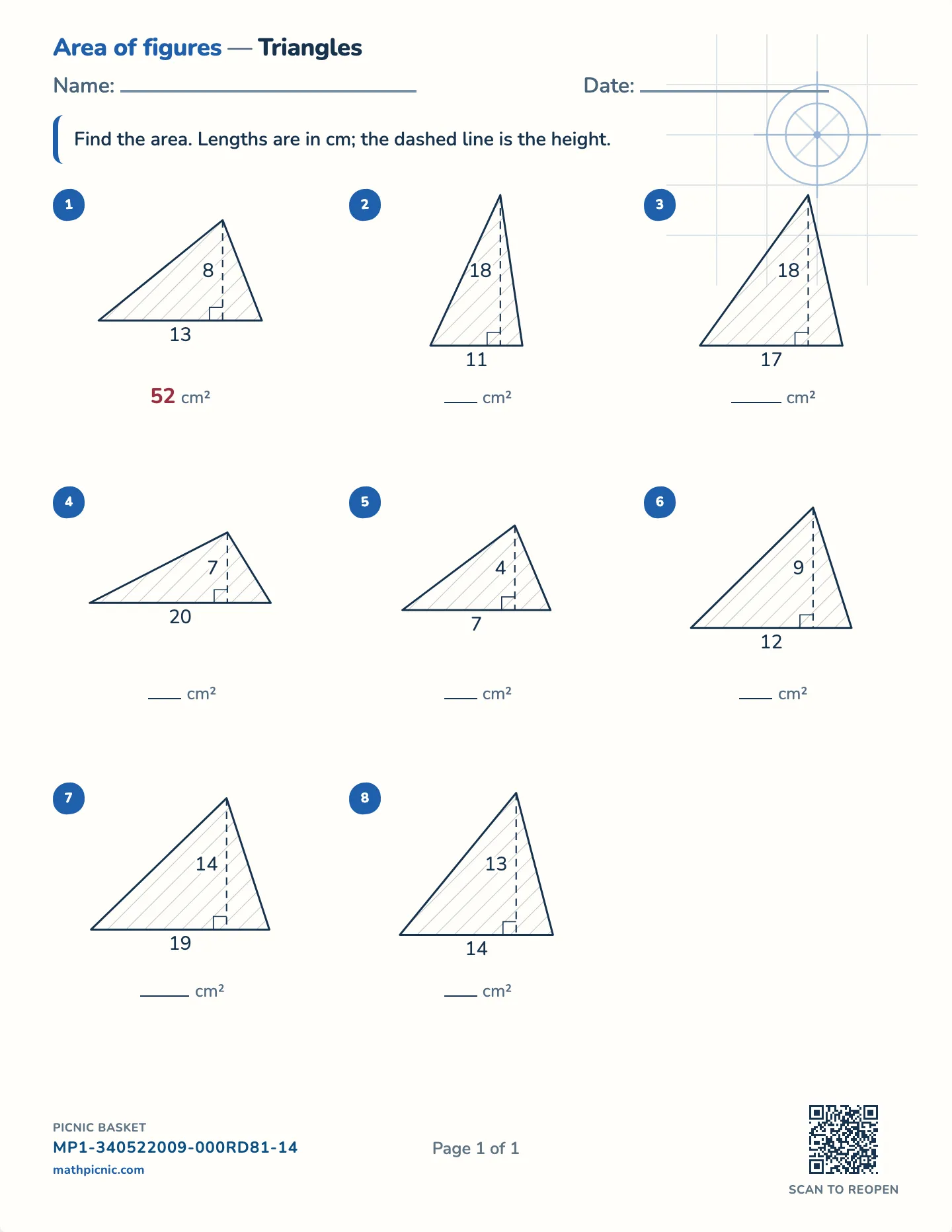 Area of a triangle worksheet — Bases and heights to 30 cm, free printable with answer key