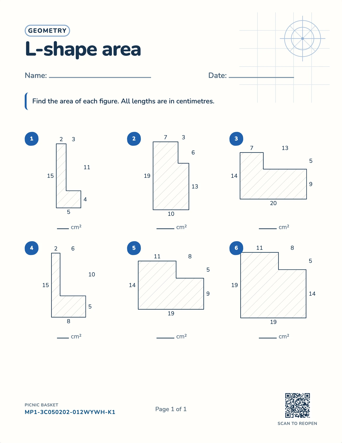 Area of composite figures worksheet — Sides to 30 cm, free printable with answer key