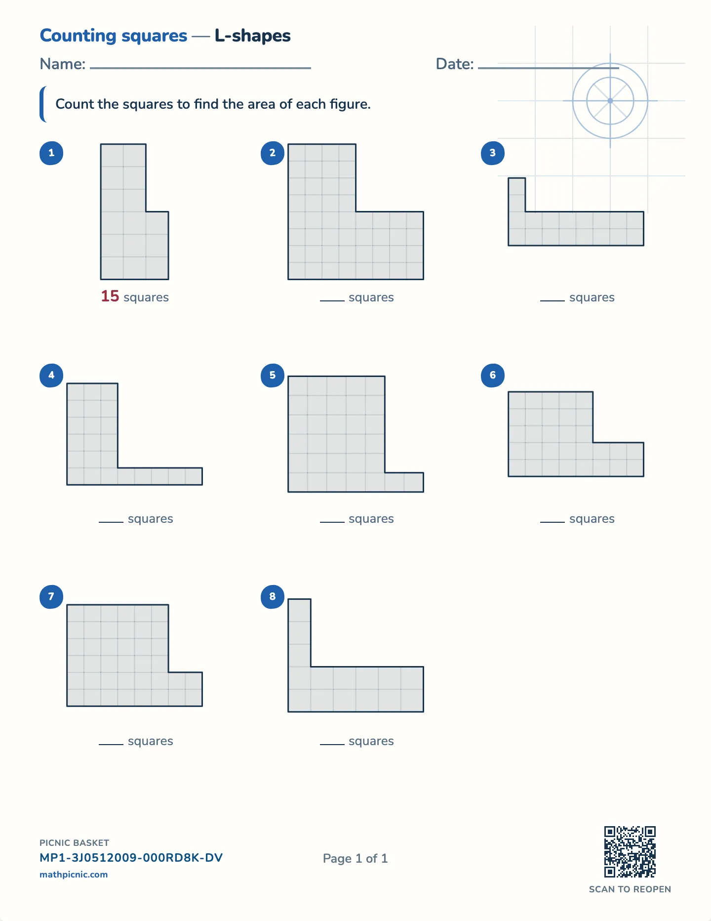 Area of irregular shapes worksheet — Grids to 8 squares a side, free printable with answer key