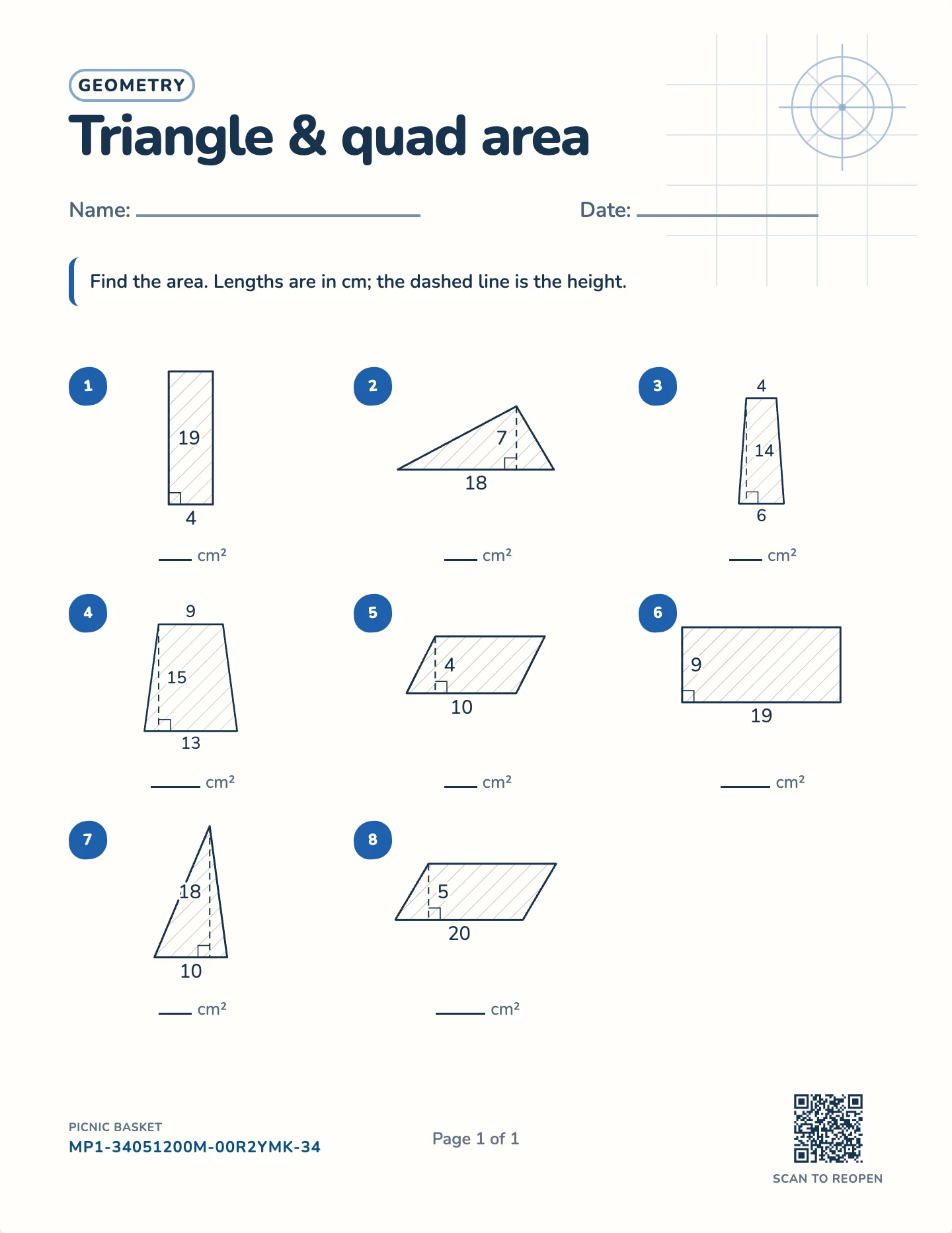 Area of triangles and quadrilaterals worksheet — Bases to 30 cm, free printable with answer key