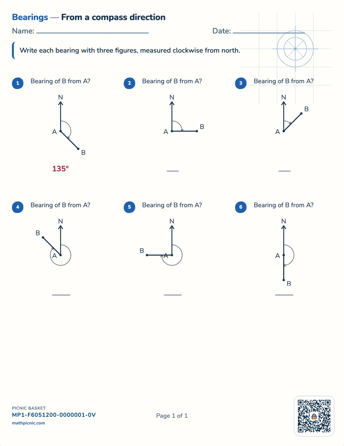 Bearings worksheet — Three figures, clockwise from north, free printable with answer key