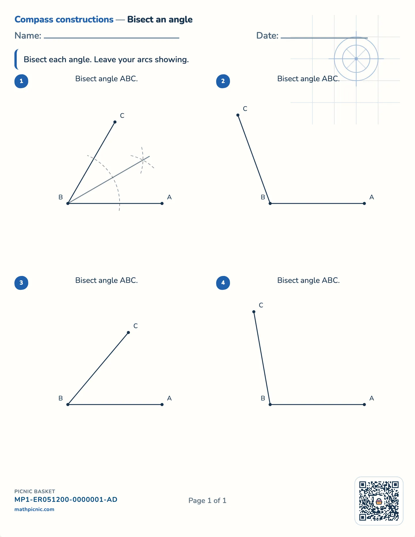 Bisect an angle worksheet — Angles 40°–110°, whole degrees, free printable with answer key